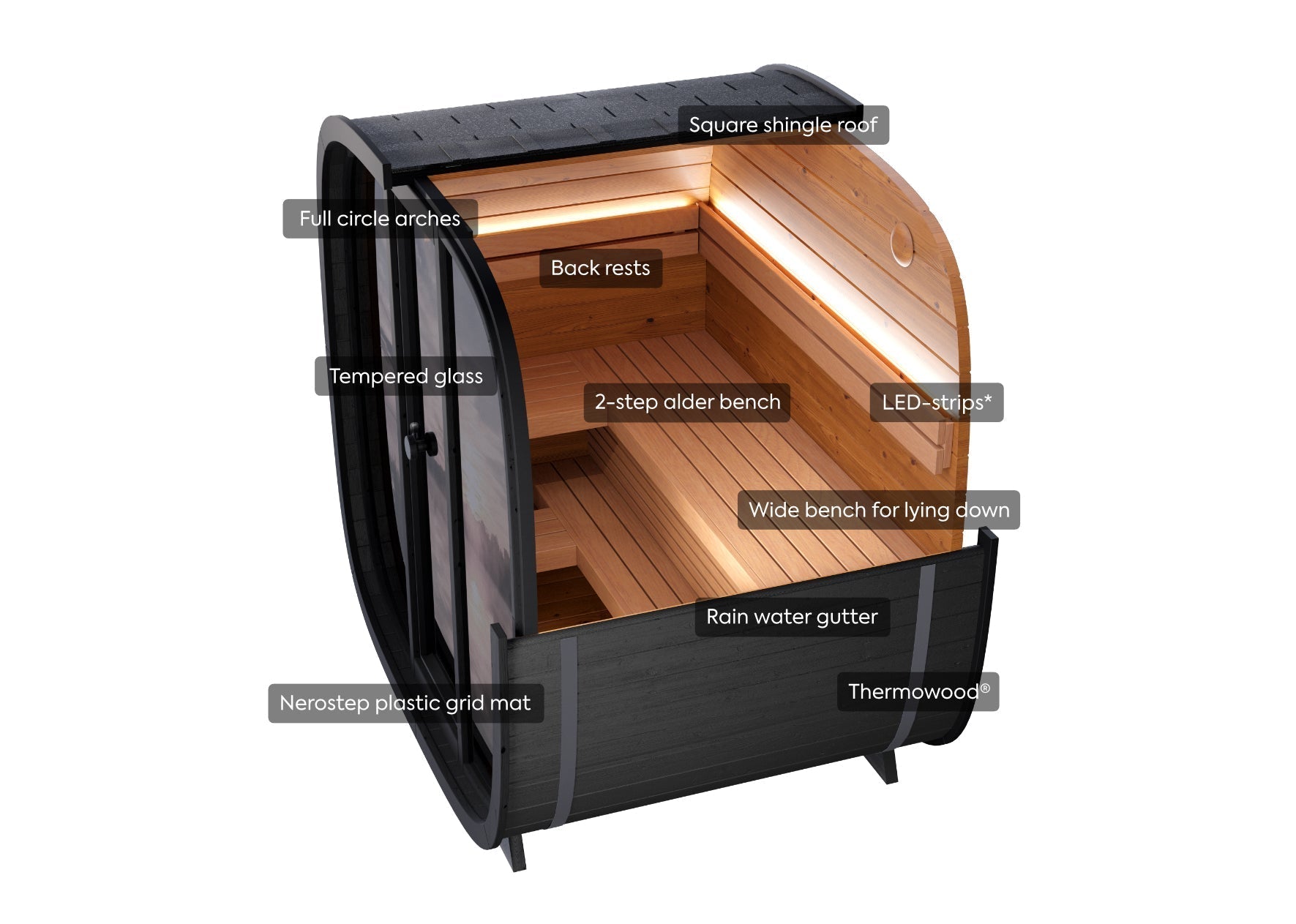 Leil Black Cube Classic 4–5 person outdoor sauna kit, luxury modern sauna cabin with black Thermowood exterior and smoked tempered glass design