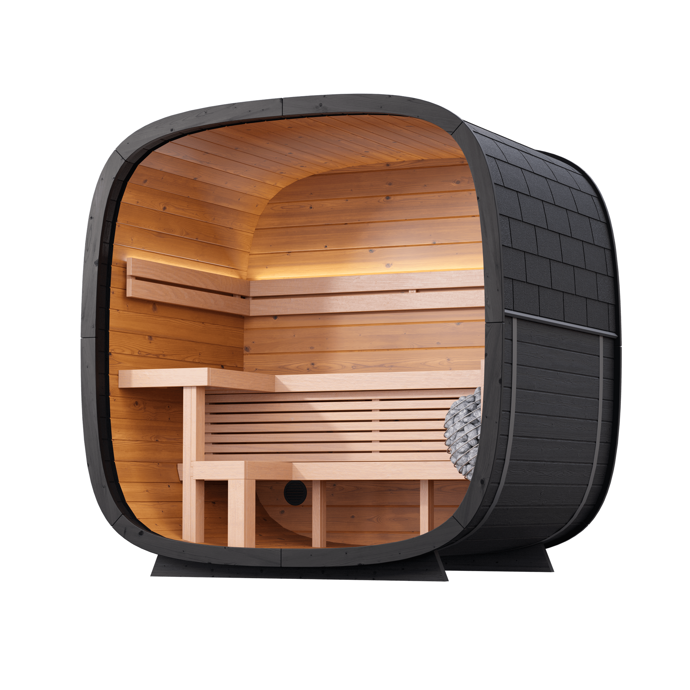 Leil Black Cube outdoor sauna cabin designed for modern outdoor living, featuring black Thermowood cladding, alder interior, and relaxing spa atmosphere