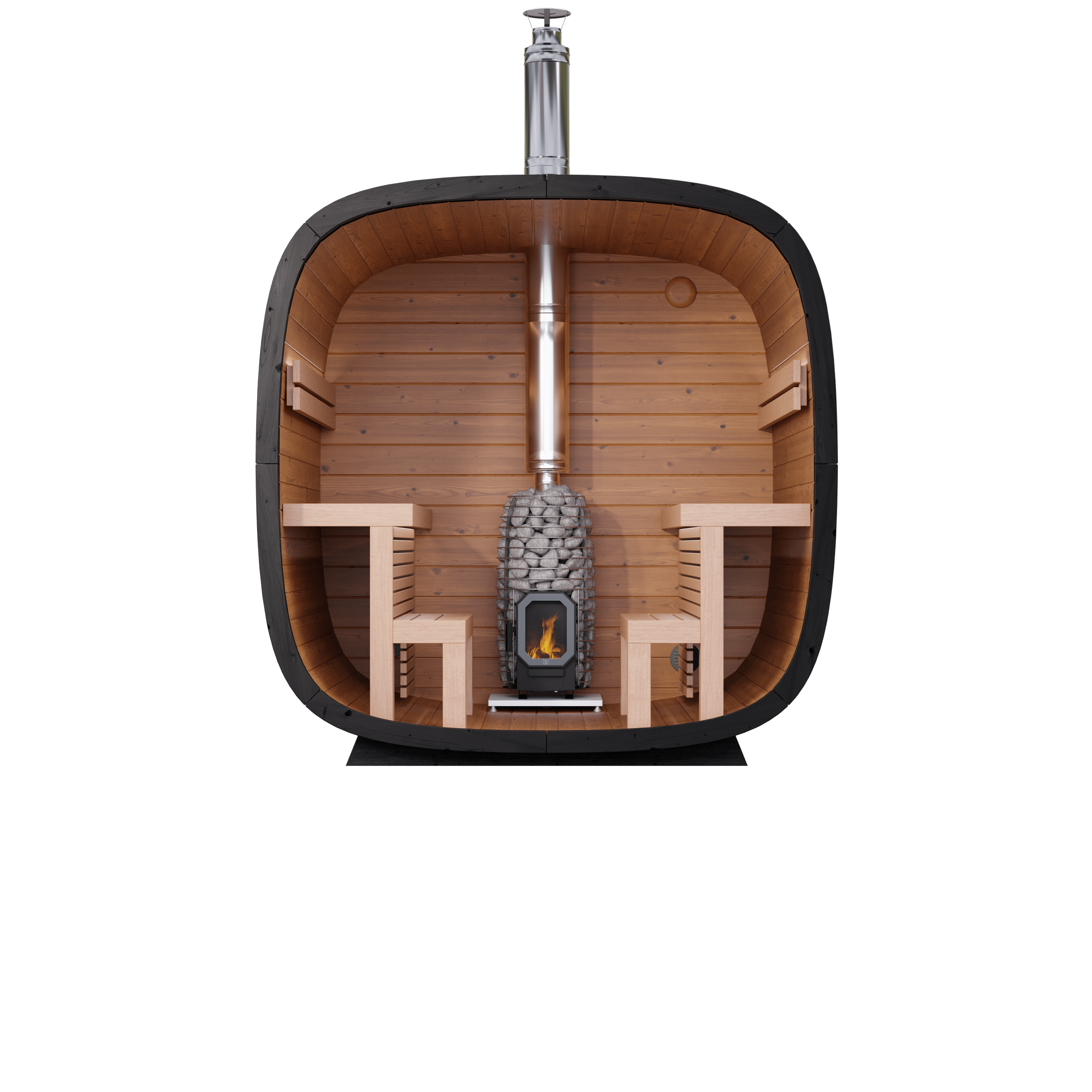 Contemporary outdoor sauna cabin by Leil featuring Black Cube Comfort styling, premium ThermoWood, and seating for six adults
