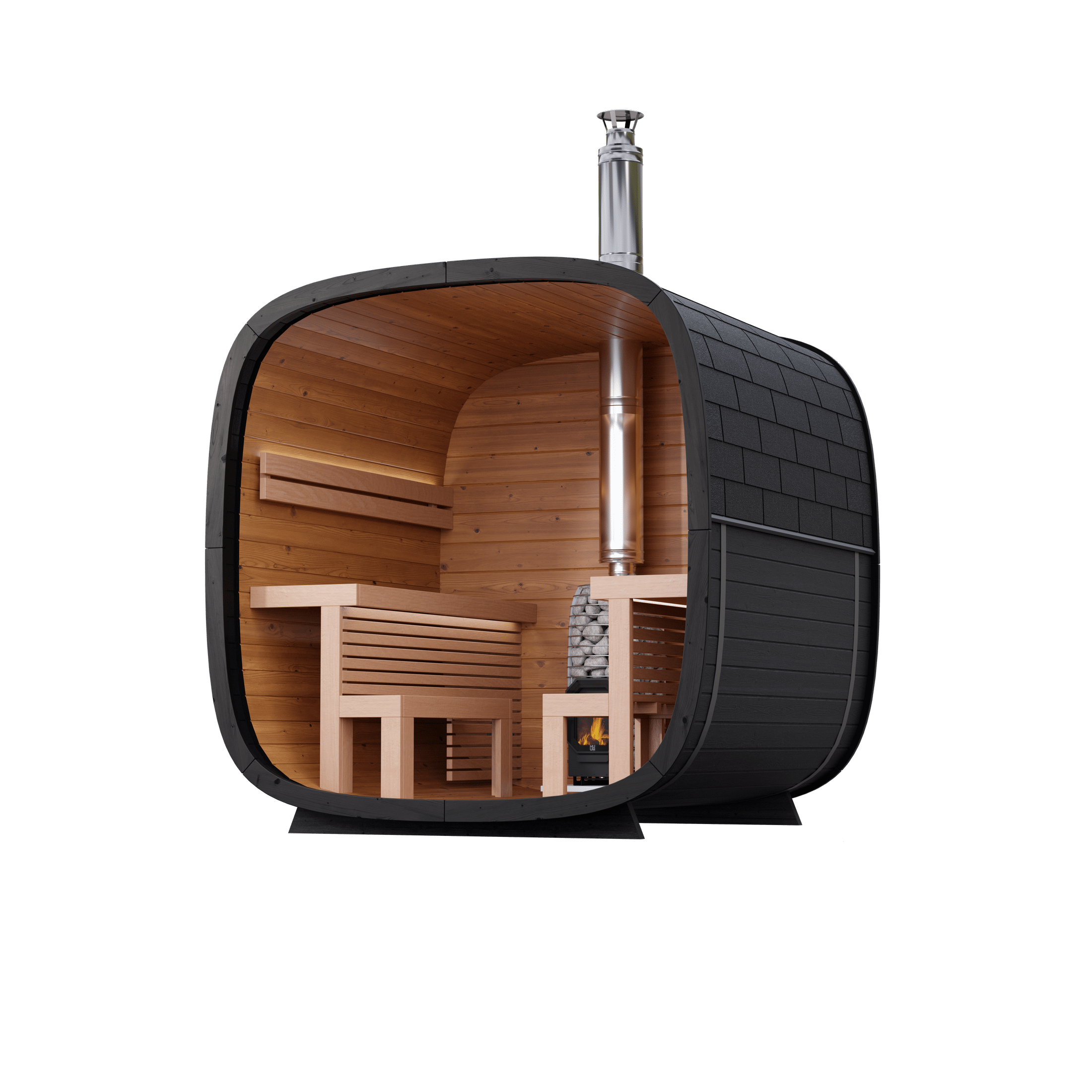 Leil Black Cube Comfort 6 Person Outdoor Sauna Kit crafted from ThermoWood with spacious opposing benches and contemporary black cube design