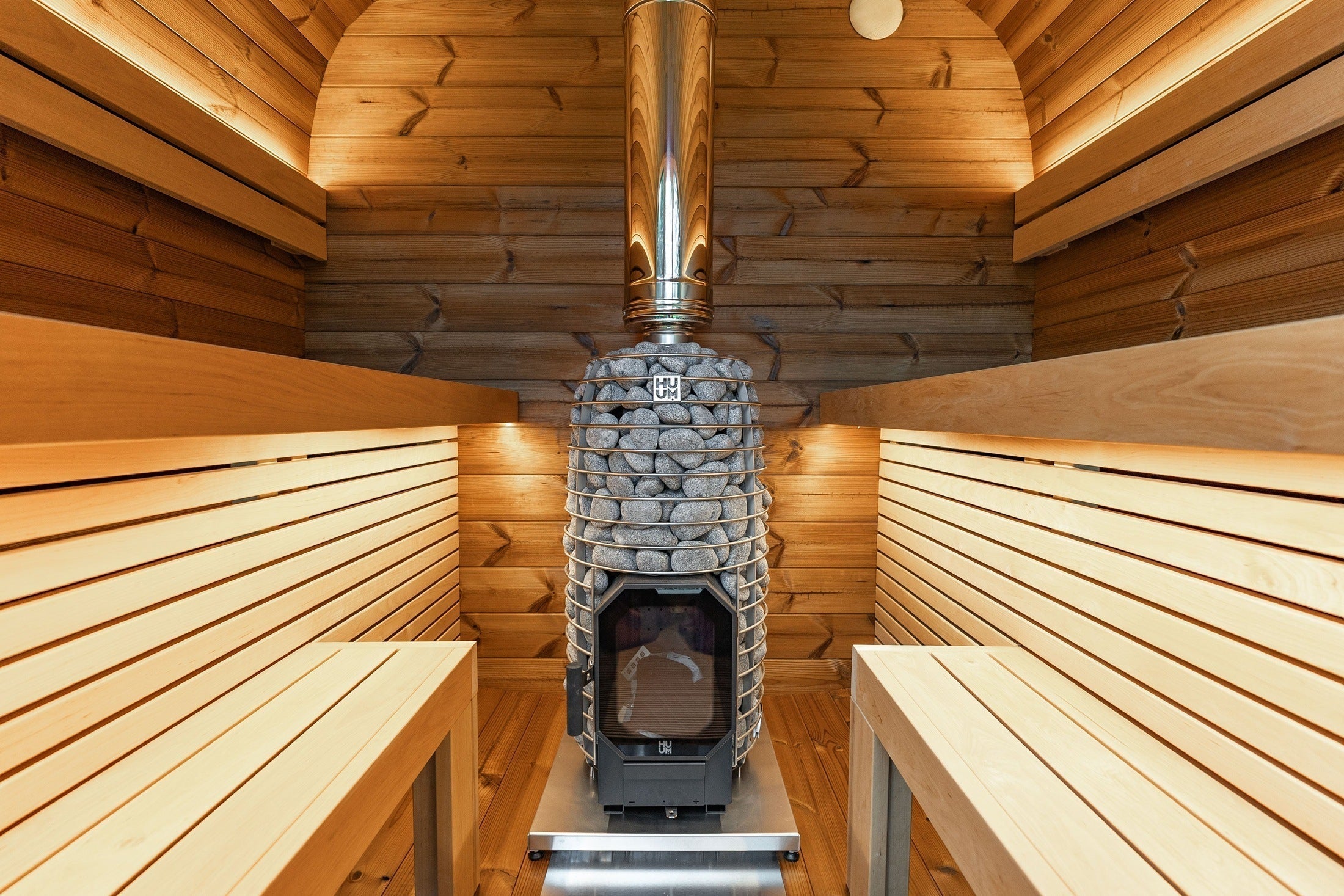6 Person Leil Outdoor Sauna with Black Cube Comfort design, ThermoWood construction, and luxury backyard wellness features