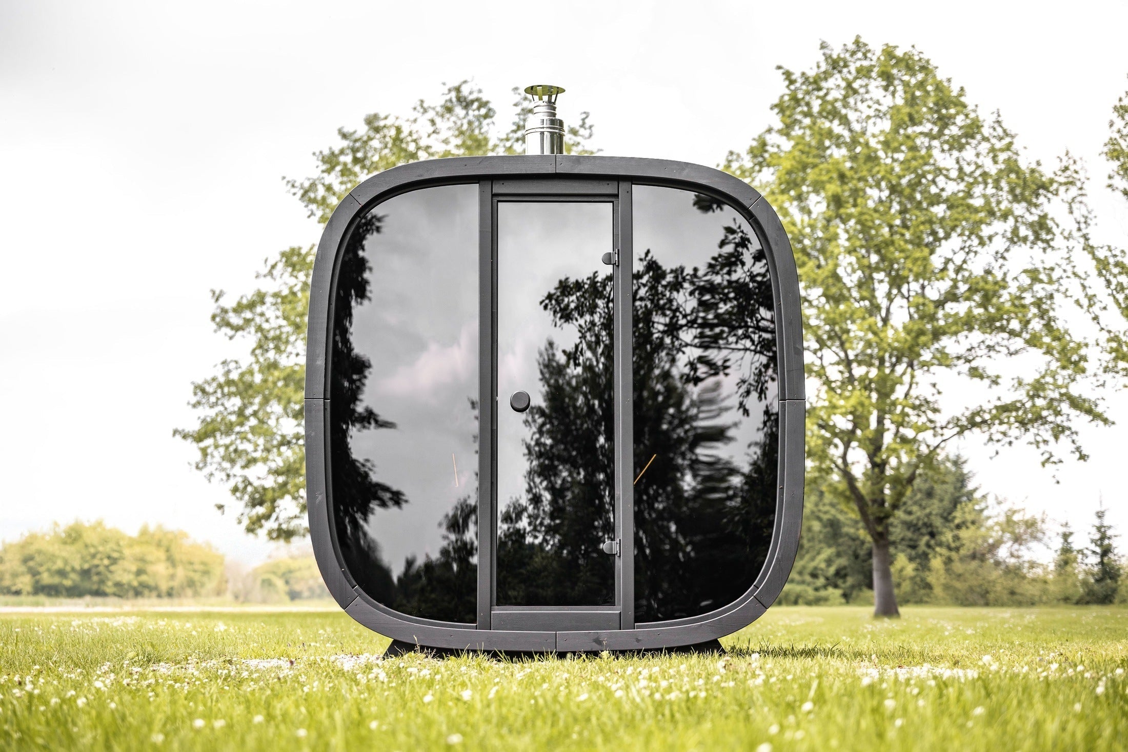 6 Person Leil Black Cube Comfort Outdoor Sauna Kit with ThermoWood Construction, Spacious Interior Seating and Modern Backyard Sauna Design