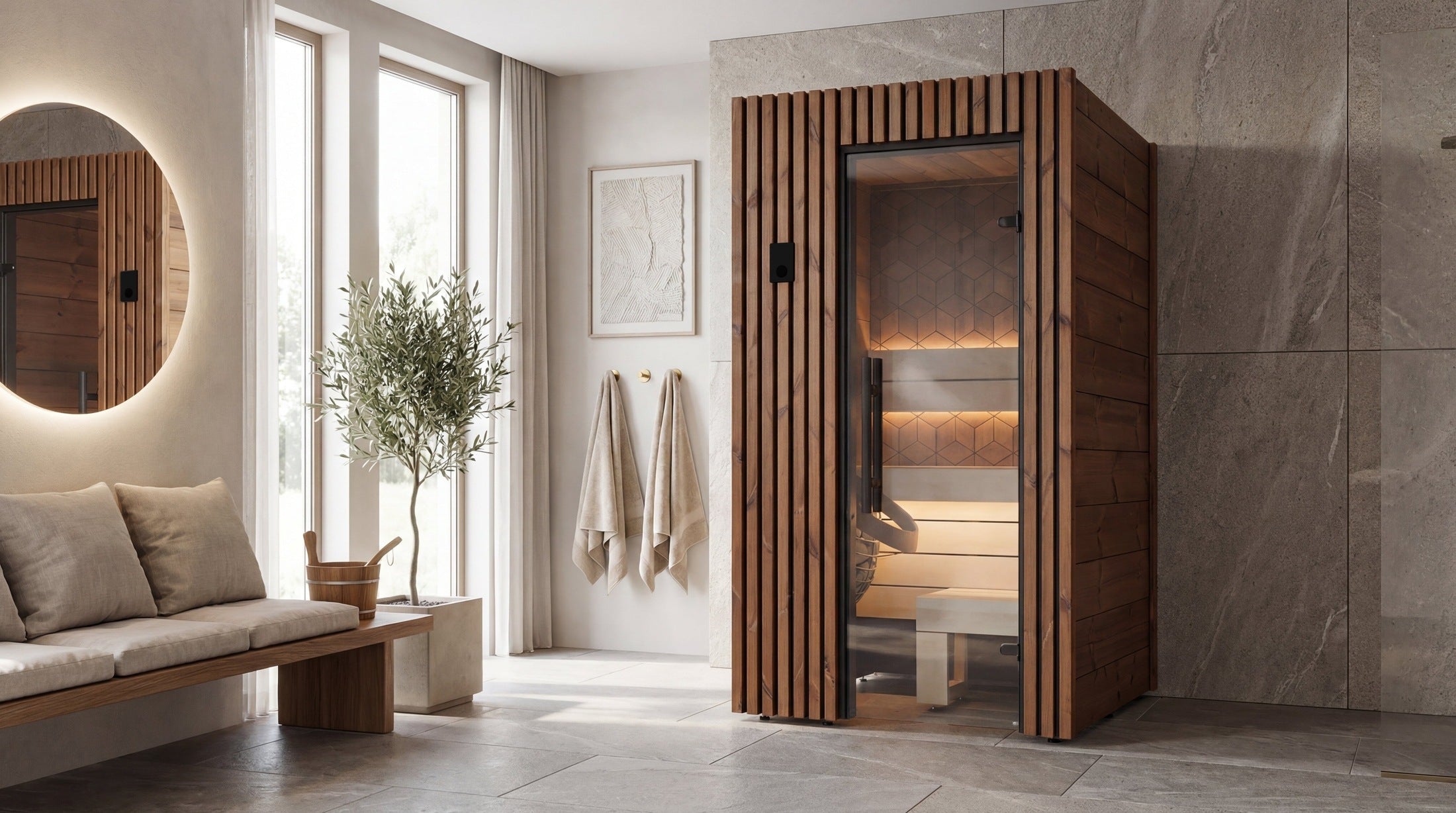 Luxury 1 person indoor sauna by Leil featuring Thermowood exterior, Aspen interior, and space-saving design for modern homes