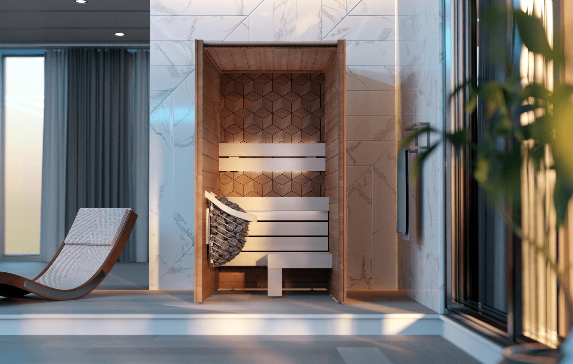Compact Leil Como 1-120 indoor sauna cabin designed for one person with authentic Nordic craftsmanship and elegant wood finish