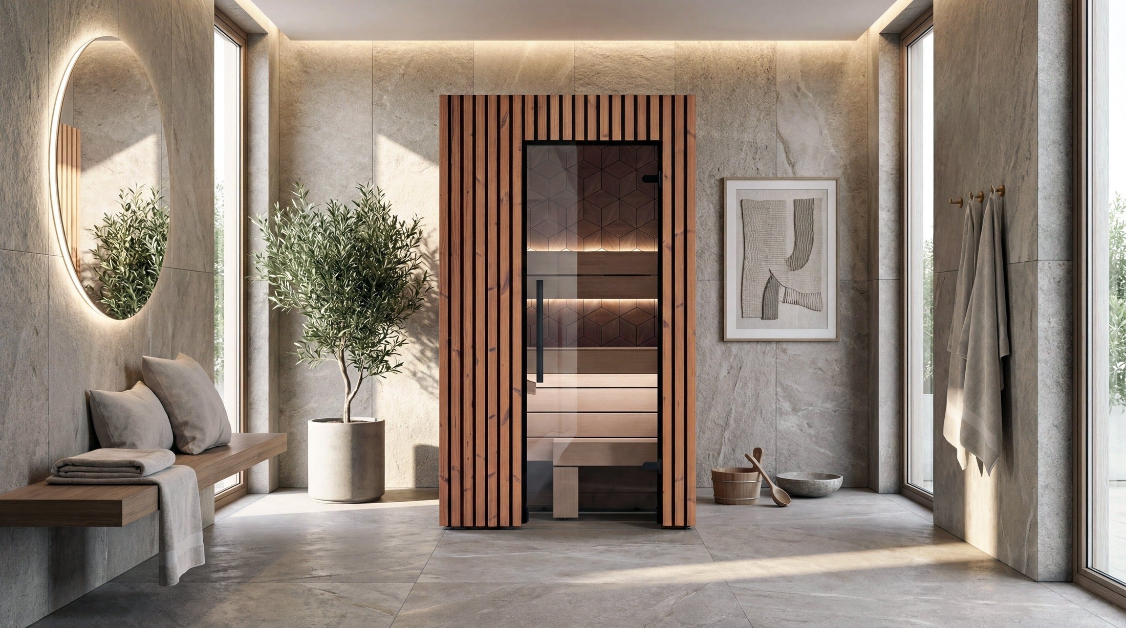Luxury Leil Como 1-120 1 Person Indoor Sauna made from Thermowood and Aspen, space-saving home wellness sauna cabin