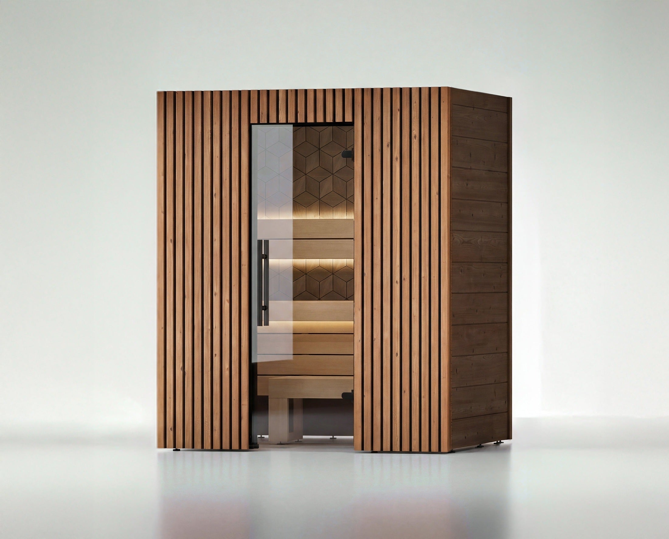 Leil Como 3-180 3-person indoor sauna kit made from ThermoWood and Aspen, premium Nordic design home sauna with compact spa-like interior for relaxation and wellness