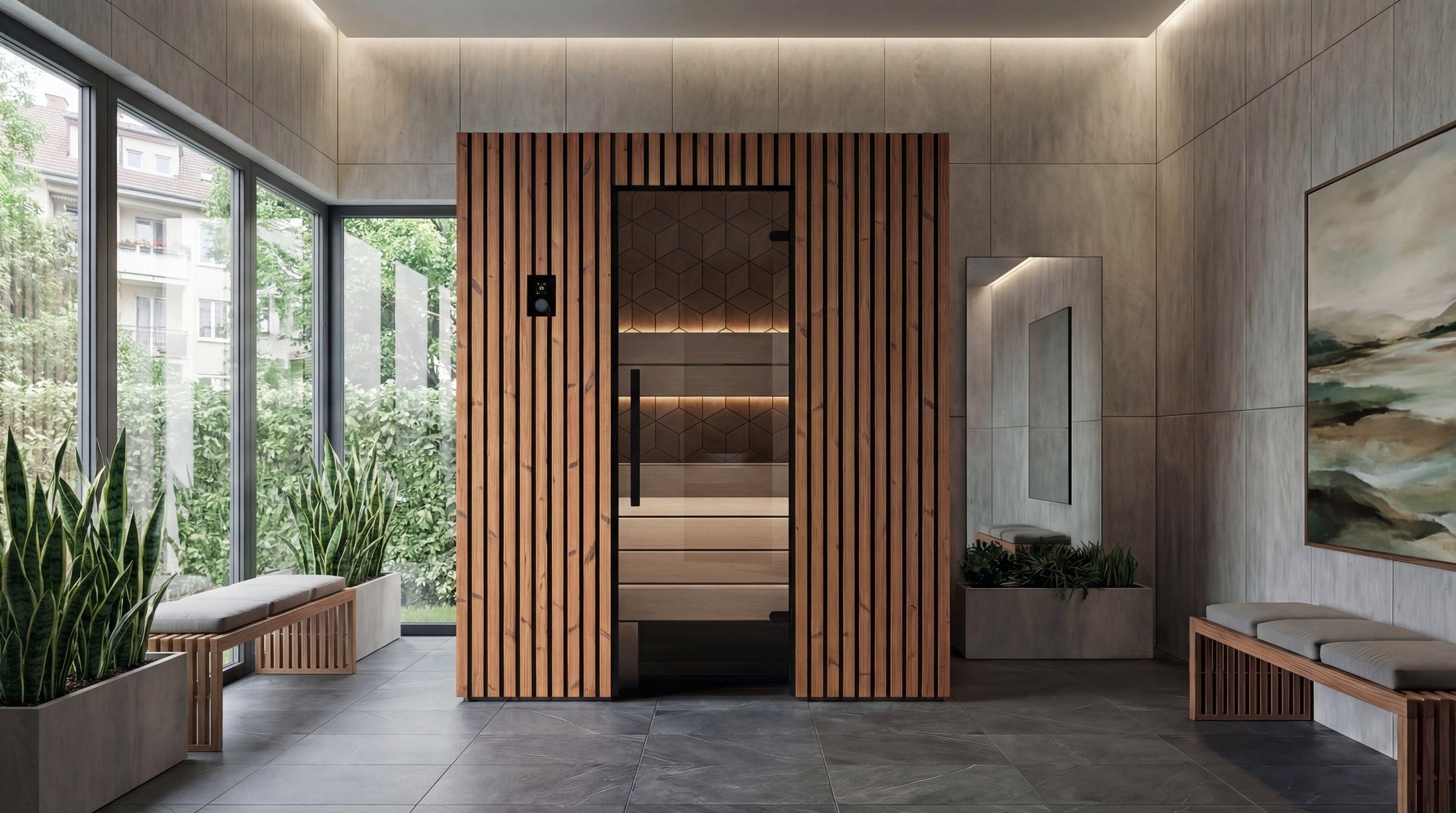 Leil Como 3-180 indoor home sauna for 3 users, luxury Nordic sauna cabin with ThermoWood construction and ergonomic Aspen seating for wellness comfort