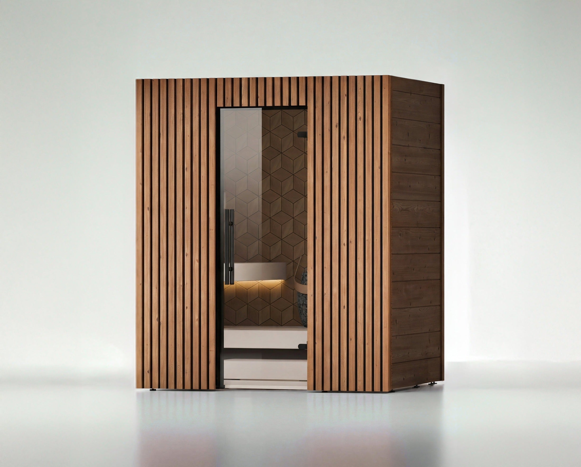 Leil Como 4-180 4-person indoor traditional sauna kit made from 40mm ThermoWood® with Aspen wood interior, three-tier bench seating, and Nordic-style craftsmanship for premium home wellness experience