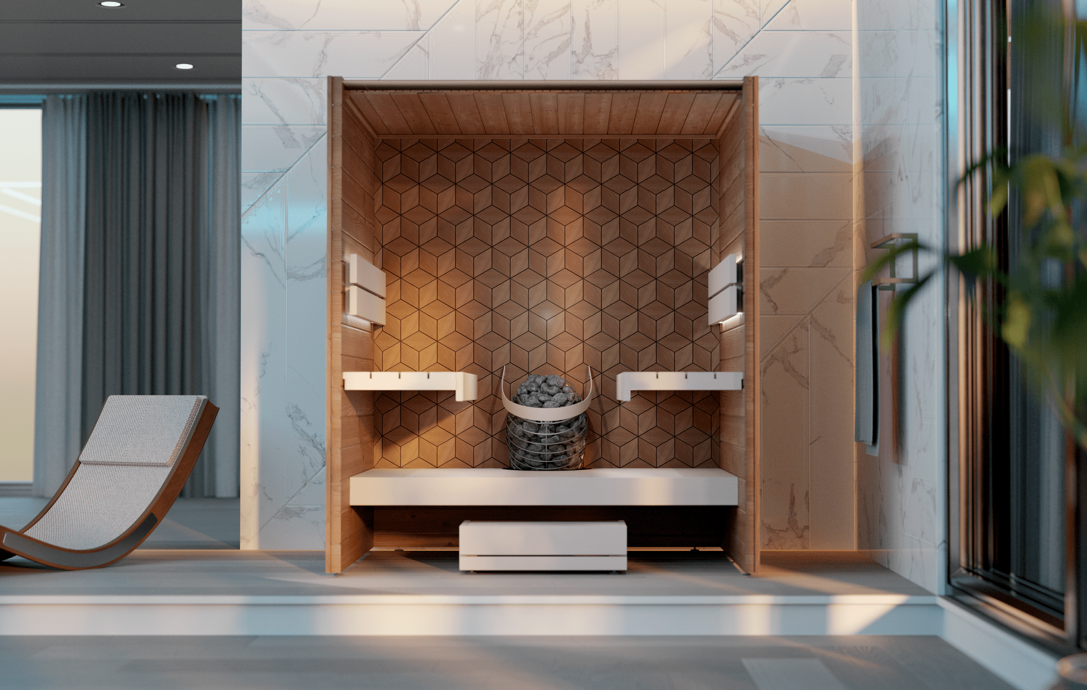 Leil Como 4-180 Nordic-style 4-person indoor sauna built with ThermoWood® and three-tier Aspen seating design