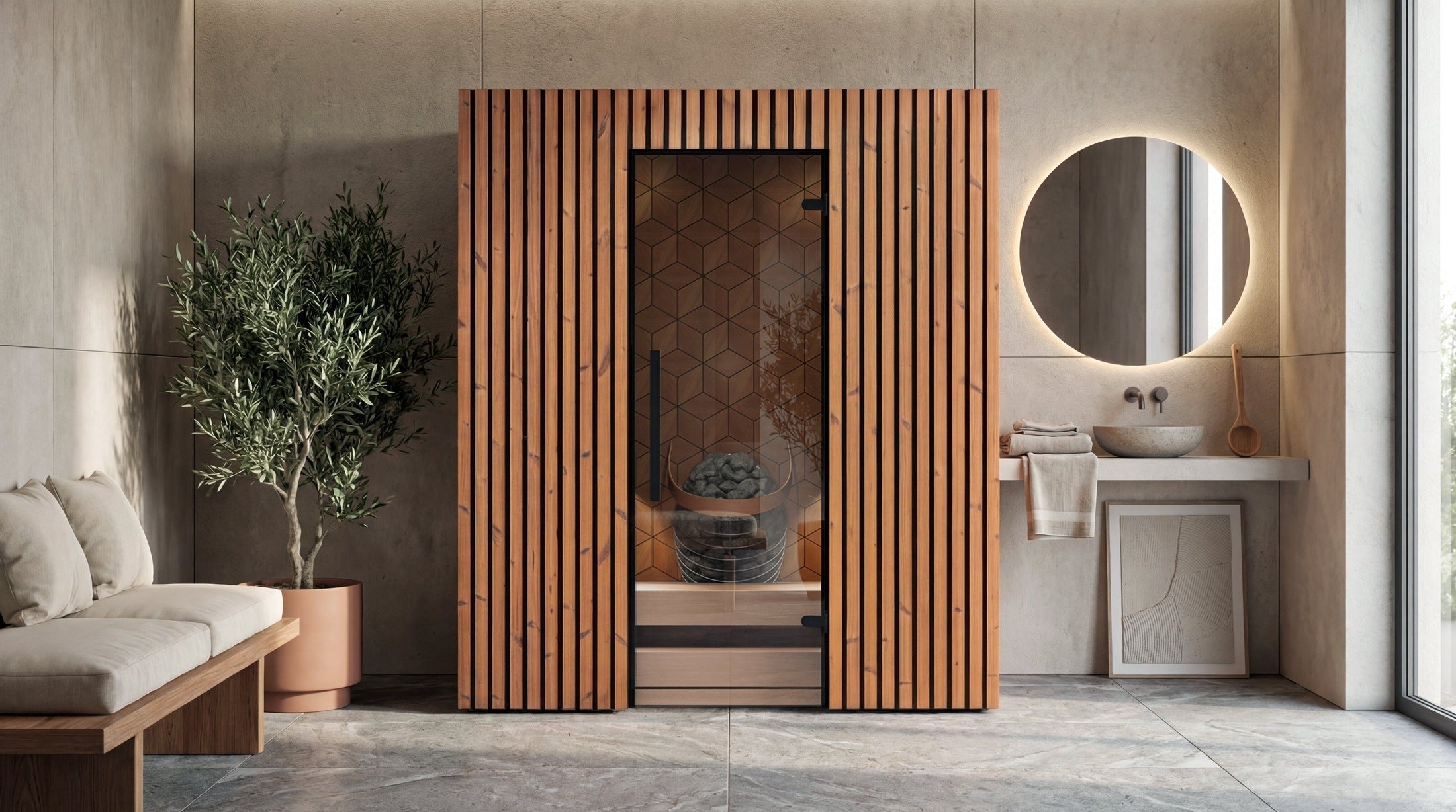 Leil Como 4-180 indoor 4-person traditional sauna with ThermoWood® walls and Aspen wood interior seating