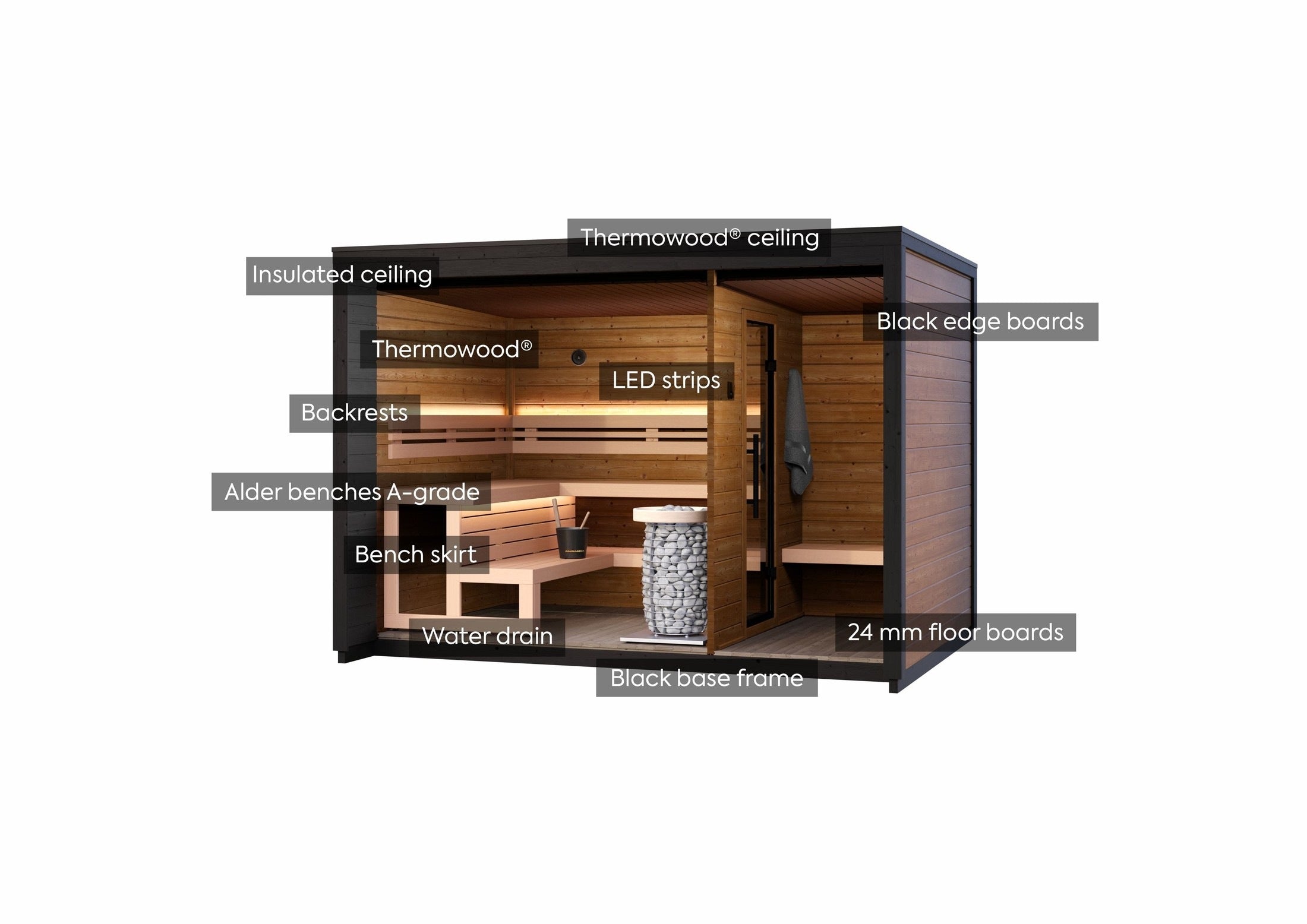Leil Patio M ThermoWood Outdoor Sauna for 5 People with Changing Room, Modern Garden Wellness Cabin