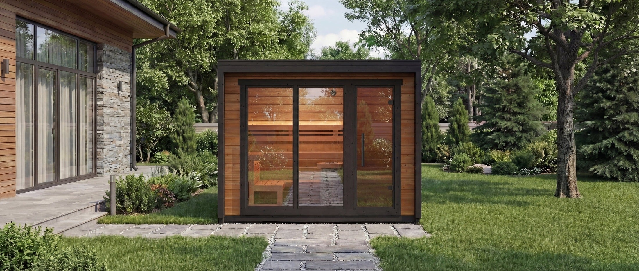 Luxury ThermoWood Outdoor Sauna Cabin Leil Patio M for 5 Persons with Changing Room and Garden Installation