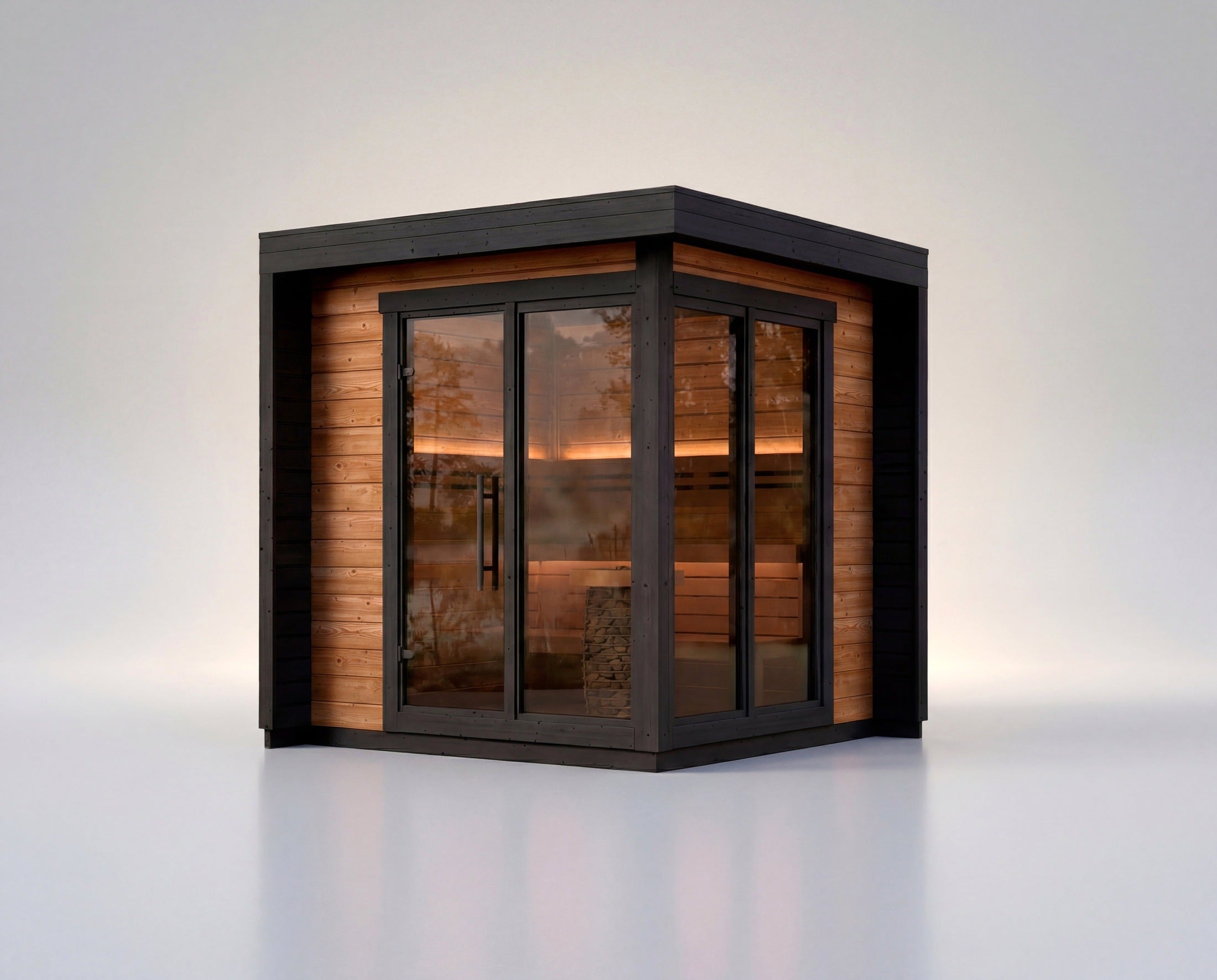 Leil Patio S 4–5 Person Outdoor Sauna Kit in ThermoWood, space-efficient corner backyard sauna