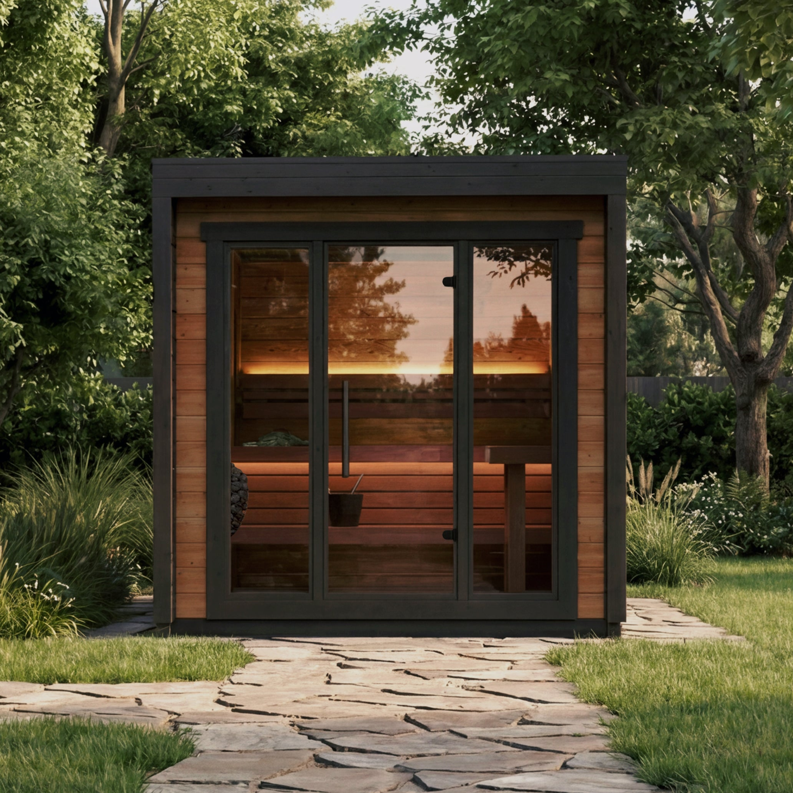 4 person outdoor sauna kit Leil Patio XS, premium wooden backyard sauna cabin for home spa and wellness relaxation