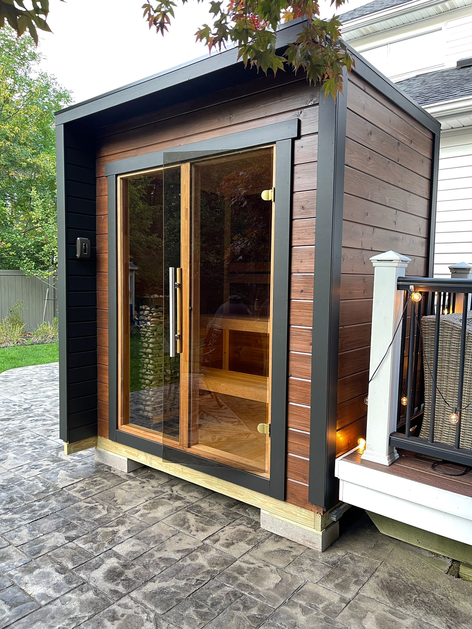 Leil Patio XXS Outdoor 3 Person Sauna Kit, space-saving outdoor home sauna with modern design for luxury wellness and relaxation in small patios