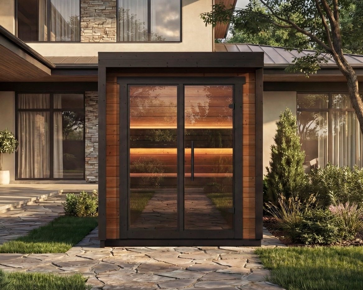 Leil Patio XXS 3 Person Outdoor Patio Sauna Kit, compact modern backyard sauna designed for small spaces with premium home wellness and relaxation experience