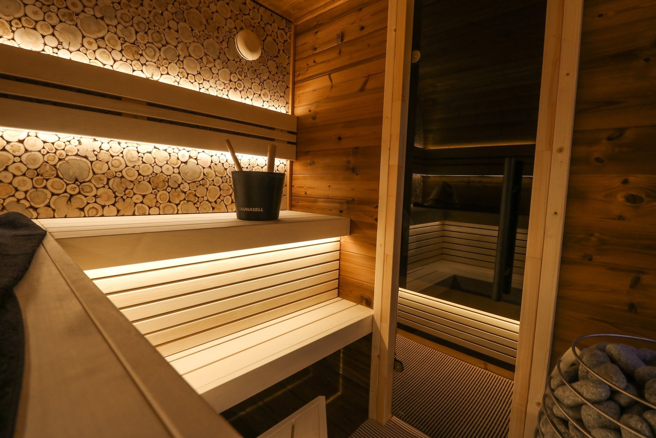 Outdoor sauna 5–6 person with changing room, Leil Round Cube Double ThermoWood sauna cabin, luxury backyard sauna, Estonian design wellness spa