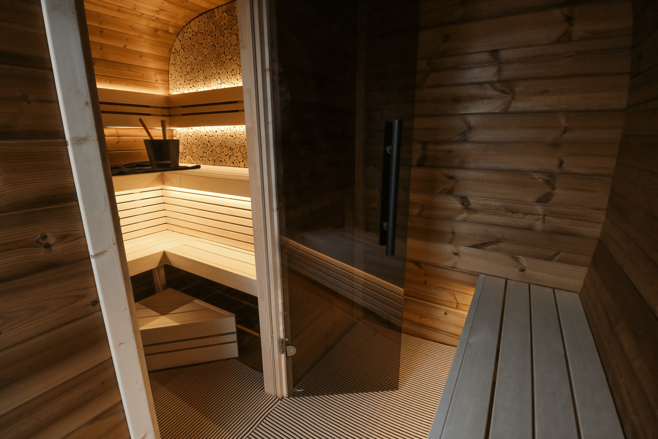 Premium Leil Round Cube Double ThermoWood outdoor sauna cabin with changing room, 5–6 person handcrafted Estonian luxury wellness sauna