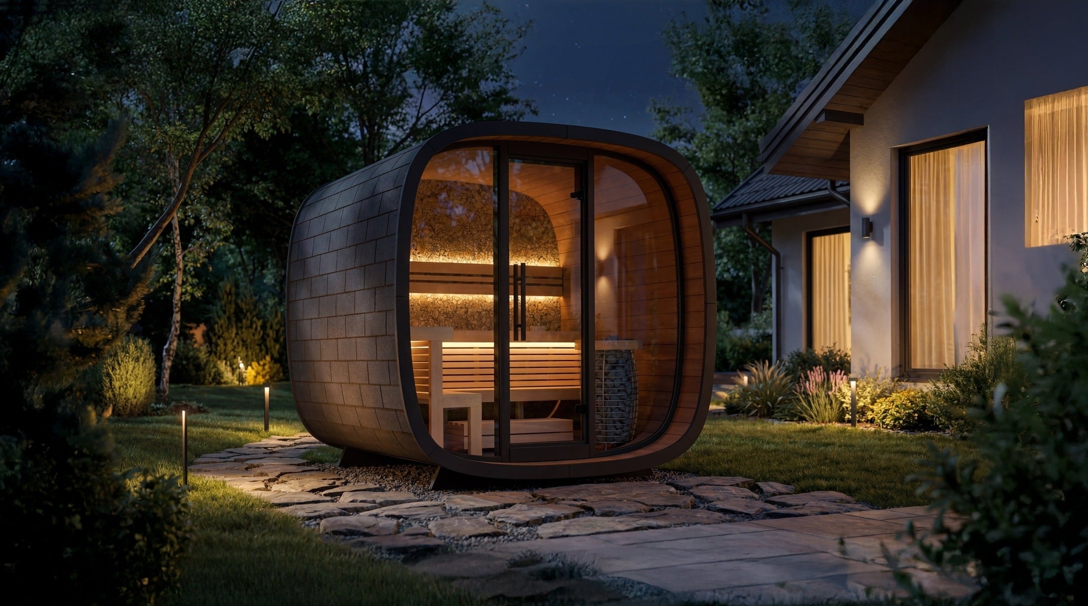 Luxury Leil Mini Outdoor Cube Sauna for 4–5 People, Stylish Backyard Wellness Sauna Cabin with Curved Scandinavian Architecture