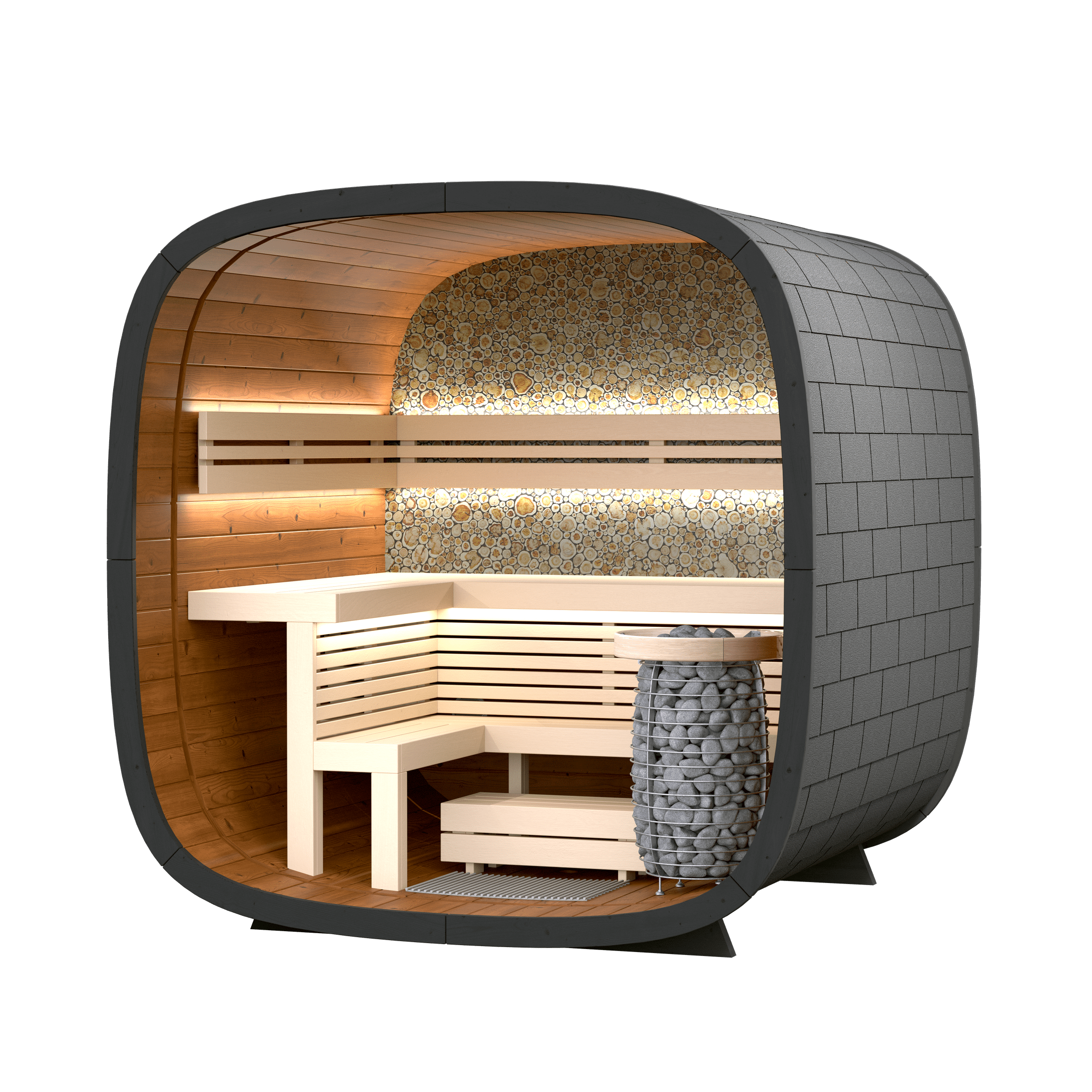 Modern Leil Mini Barrel Cube Sauna for Outdoor Use, 4–5 Person Backyard Nordic Sauna Cabin with High-End Wood Build