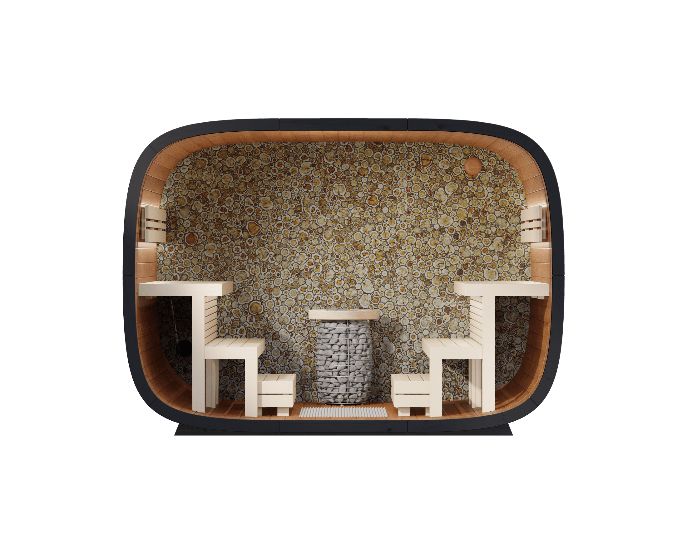 Leil Round Cube outdoor sauna for 6-8 people, ThermoWood® construction, modern Nordic backyard sauna cabin with award-winning Estonian design