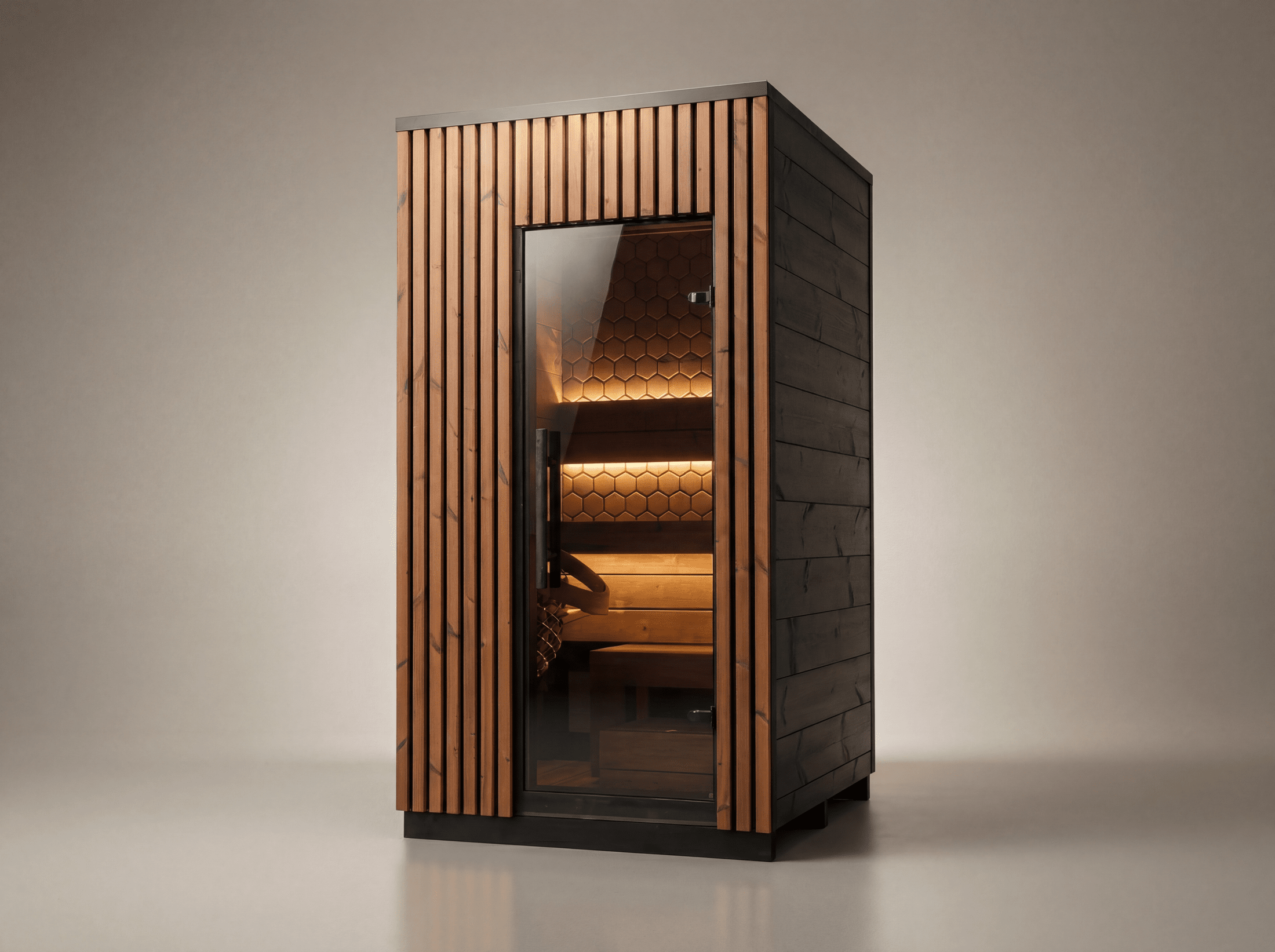 Leil Viva 120 1-person outdoor sauna made from 100% ThermoWood, compact Scandinavian design backyard sauna for patios and private outdoor wellness spaces