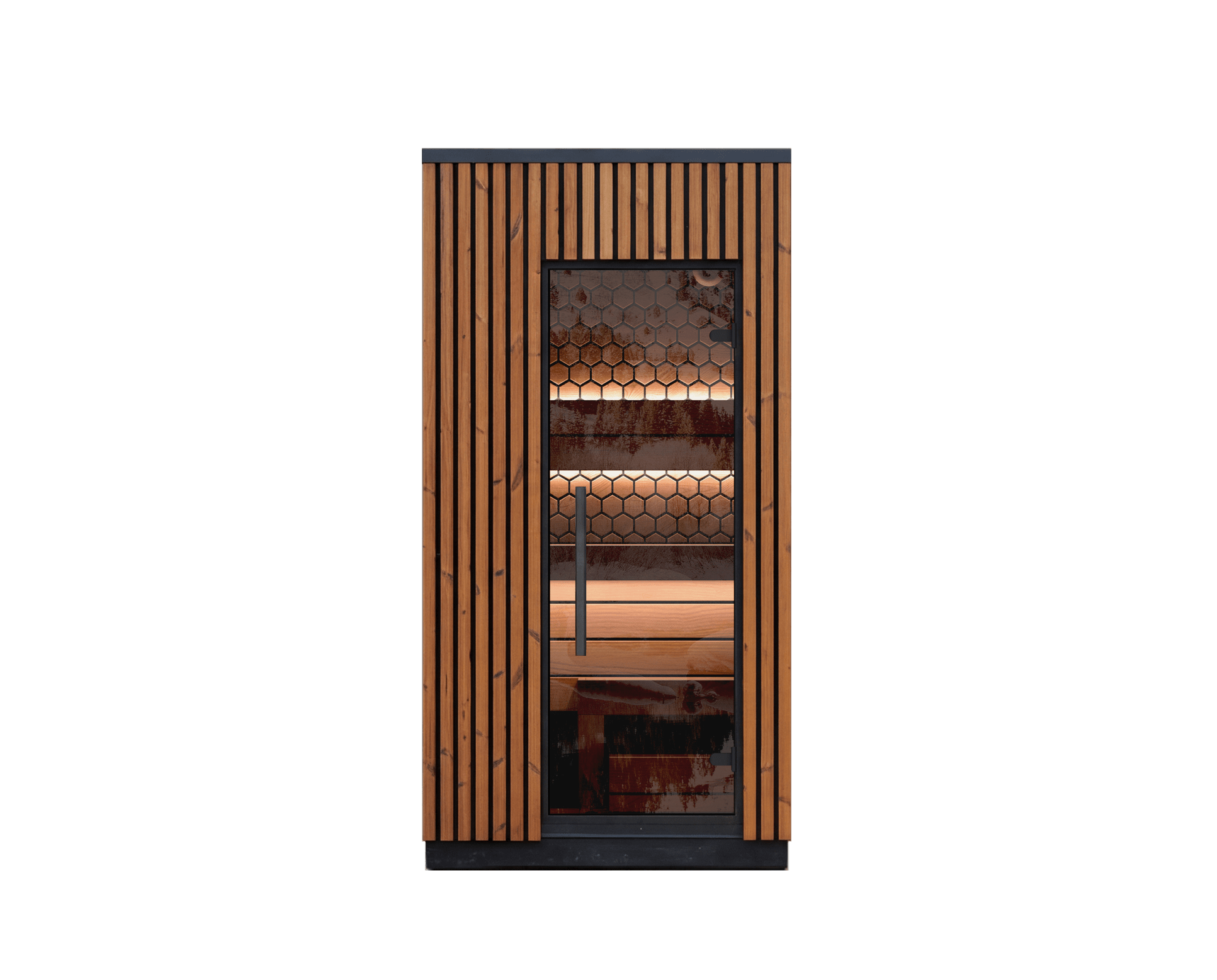 Compact Viva 120 outdoor sauna for one person, Scandinavian ThermoWood sauna cabin designed for small patios and private backyard spa use