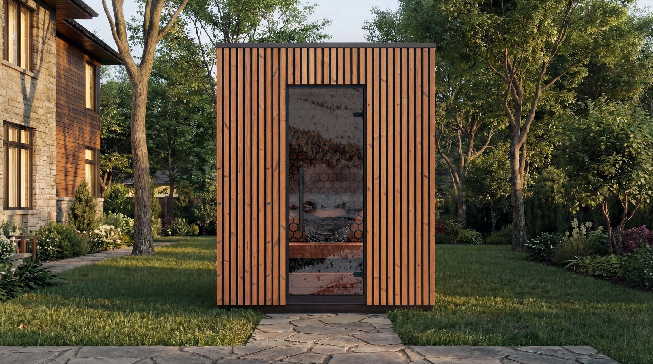 Leil Viva 180 4-person outdoor sauna barrel kit, 100% ThermoWood construction, Scandinavian design backyard sauna cabin for home spa and wellness