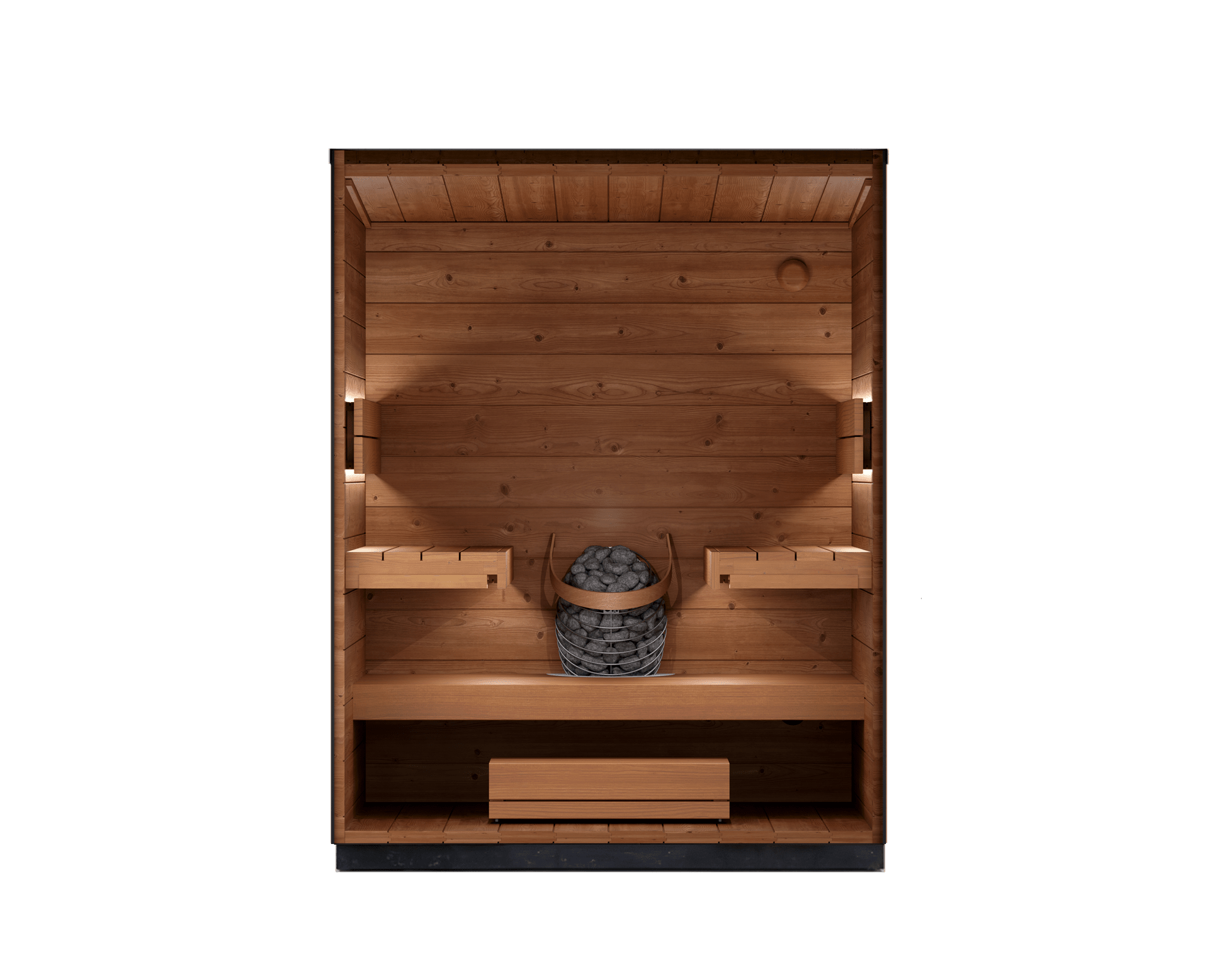 Outdoor Leil Viva 180 sauna for 4 people, Scandinavian-designed ThermoWood barrel sauna cabin with modern airflow system and natural wood finish