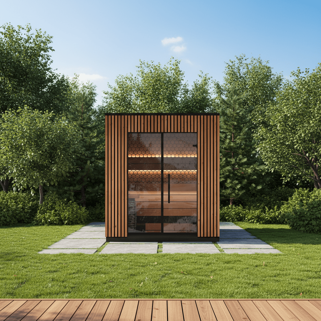 Leil Viva 210 Scandinavian outdoor sauna barrel for 4 persons, premium backyard sauna cabin made from ThermoWood with ergonomic design and natural wood finish