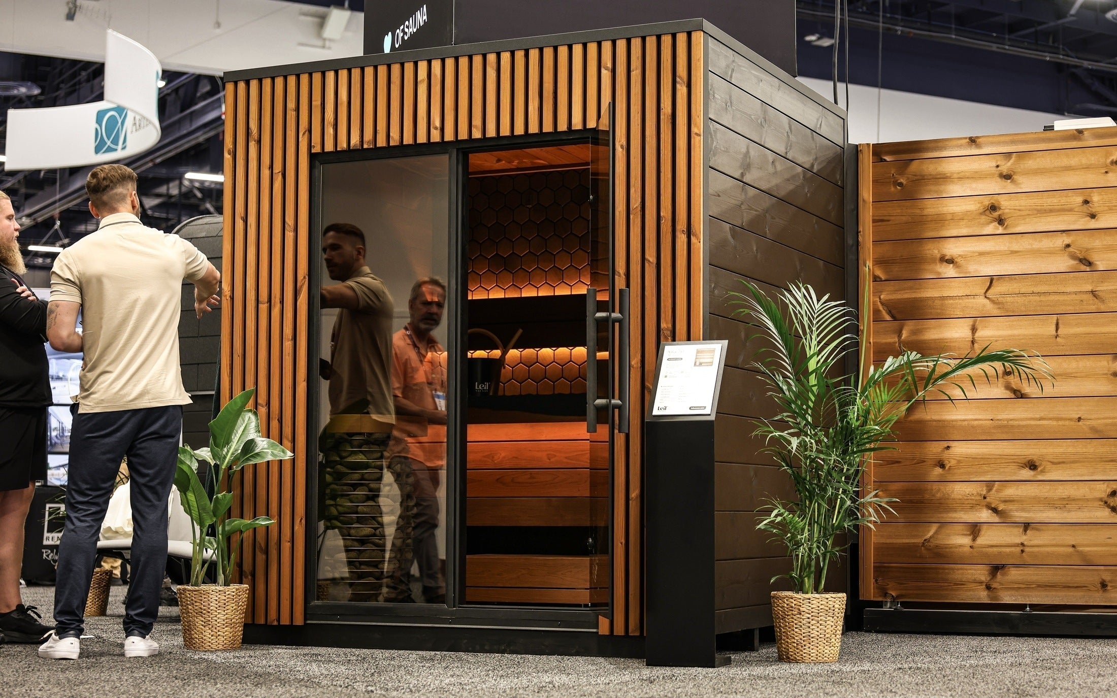 Leil Viva 210 outdoor 4-person sauna kit with ThermoWood structure and thermo-alder seating, luxury backyard wellness sauna with compact barrel design