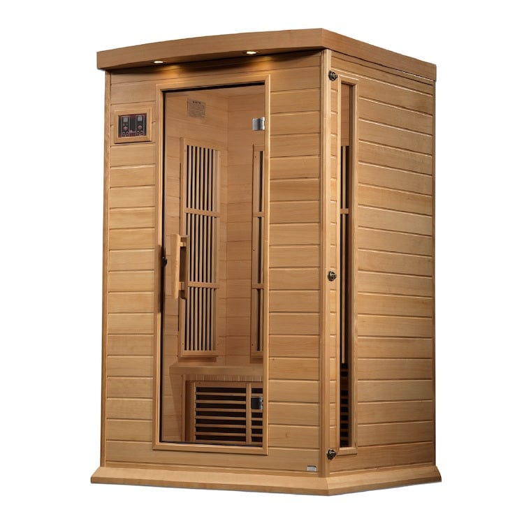 Maxxus 2-Person Near Zero EMF FAR Infrared Sauna in Canadian Hemlock featuring advanced PureTech heaters and modern home wellness design.