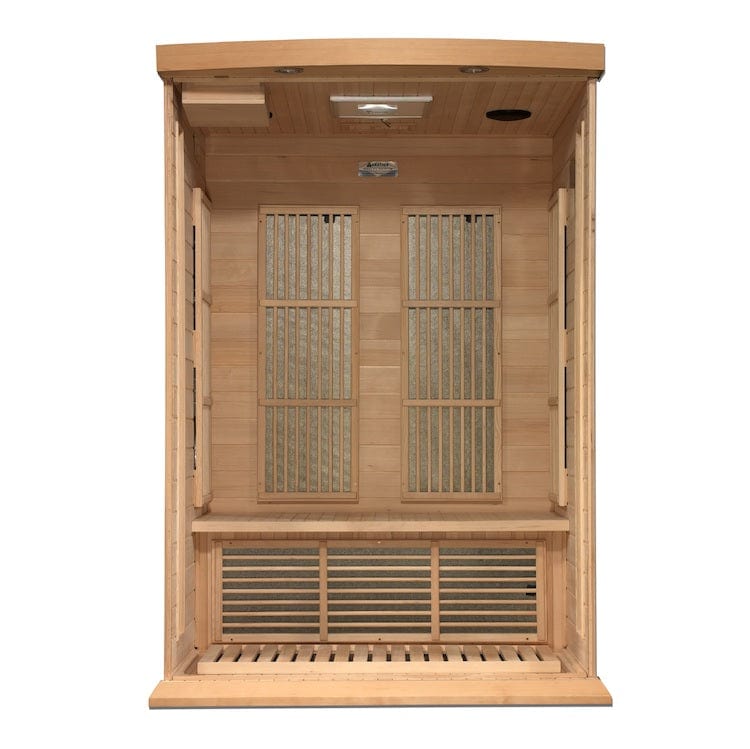 Maxxus MX-K206-01-ZF infrared sauna designed for two people with chromotherapy lighting, Bluetooth audio, and premium Canadian Hemlock wood.