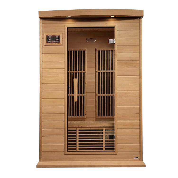 Interior view of Maxxus 2-Person Near Zero EMF Infrared Sauna with ergonomic seating, Canadian Hemlock construction, and low EMF heating technology.