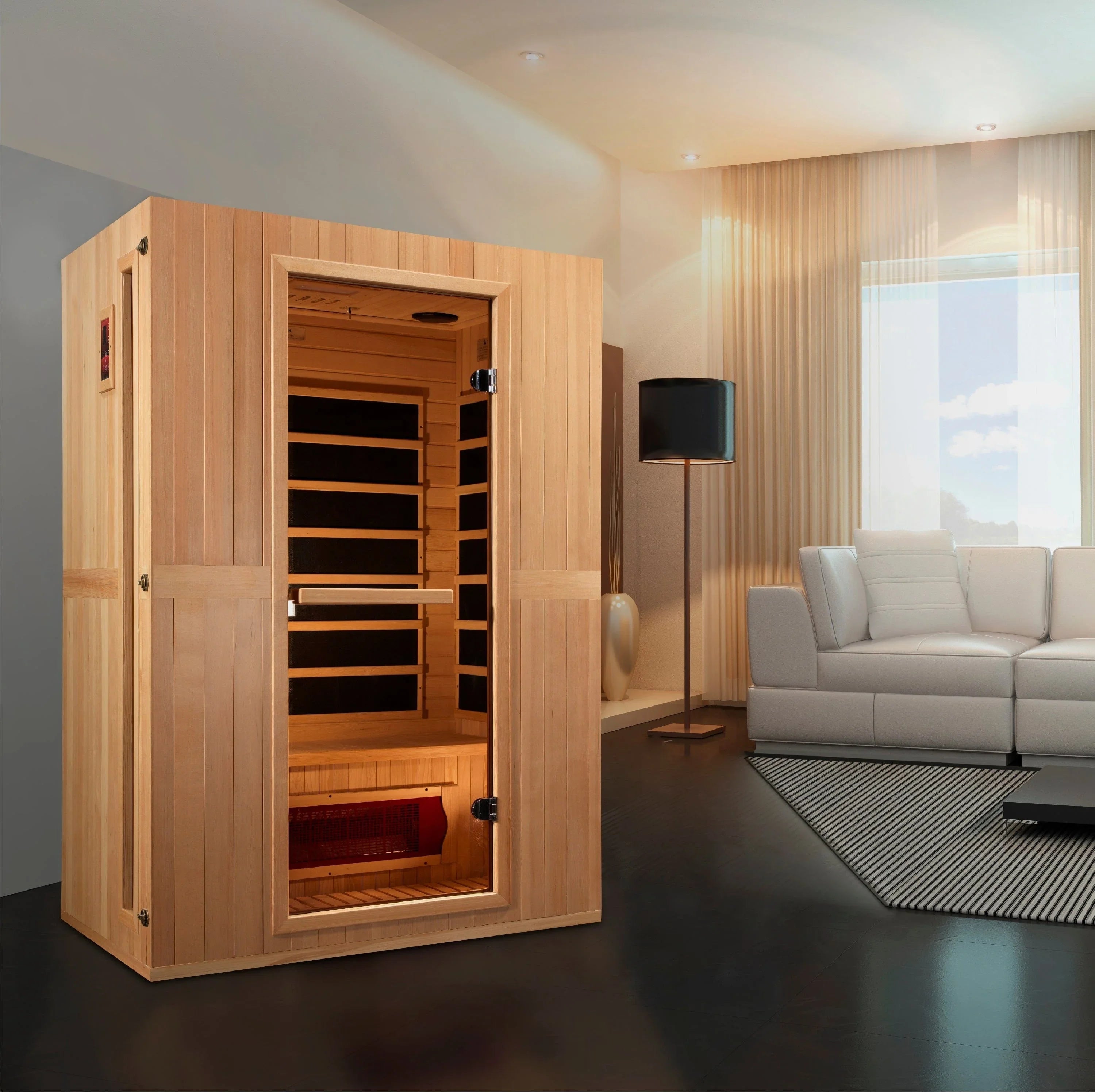 Infinity Saunas homepage banner showcasing premium sauna brands including Maxxus, Dynamic, Golden Designs, and other luxury indoor and outdoor sauna collections