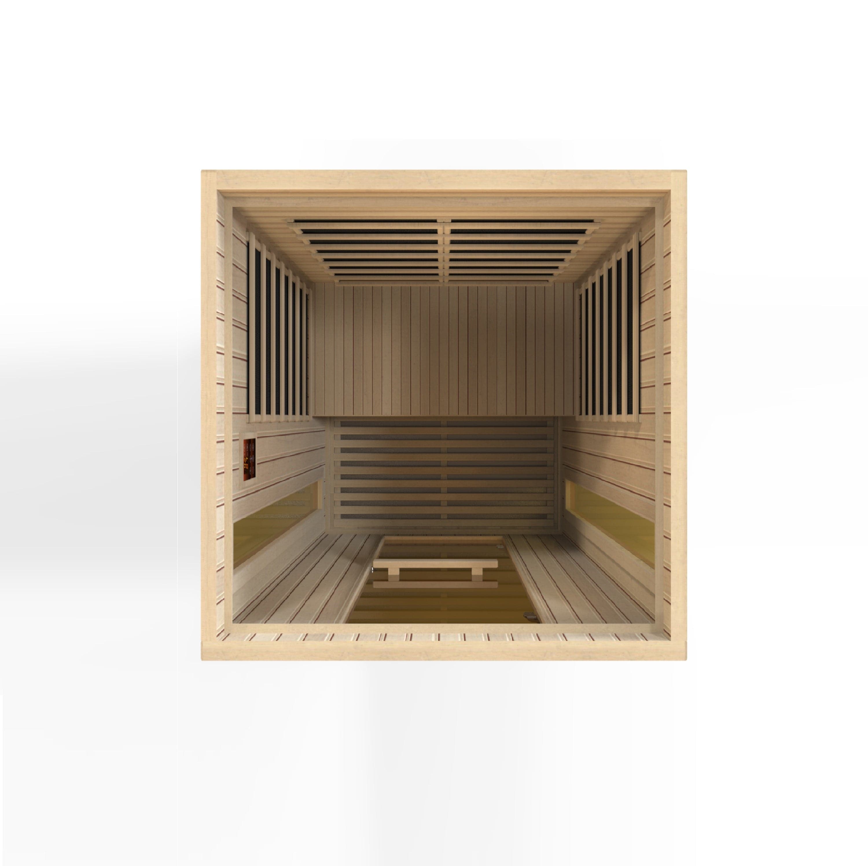 Compact 2-person Maxxus Serenity FAR infrared sauna featuring Dual Tech heaters and premium Canadian Hemlock wood for wellness and relaxation