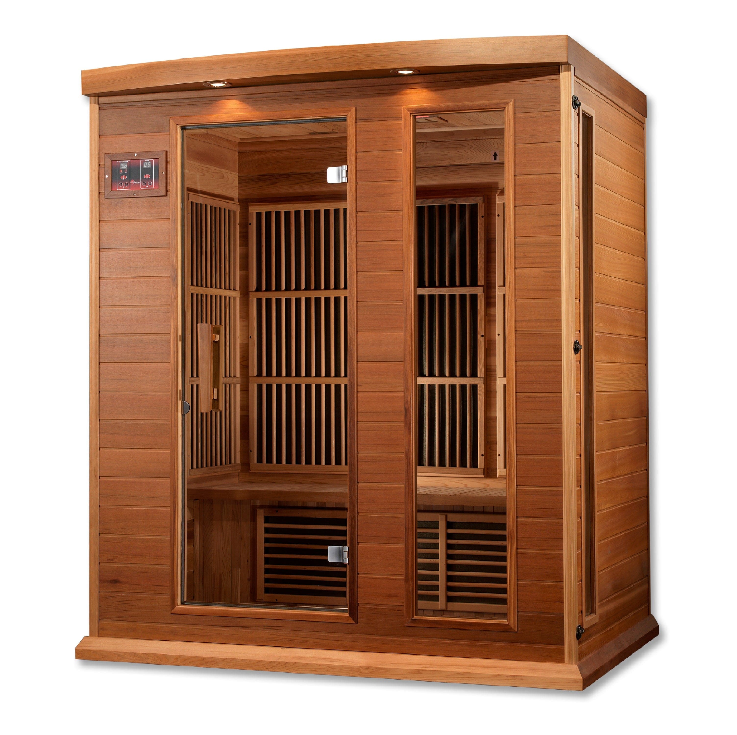 Maxxus 3-Person Montilemar Edition Near Zero EMF infrared sauna crafted from Canadian Red Cedar with spacious design for home relaxation and wellness therapy.