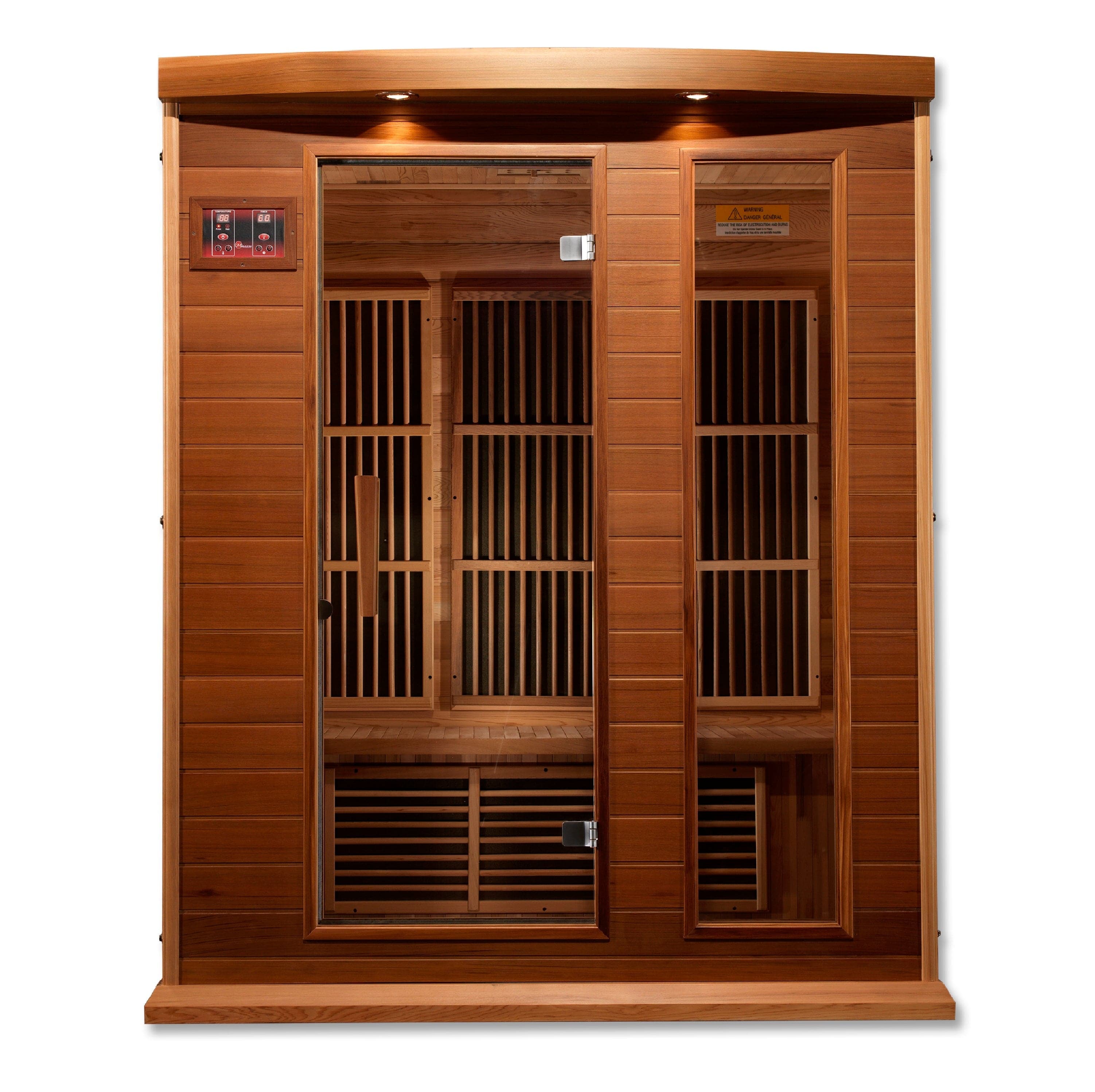 Premium 3-person Maxxus Montilemar Edition infrared sauna with Near Zero EMF technology and natural Canadian Red Cedar wood interior for full-body relaxation.