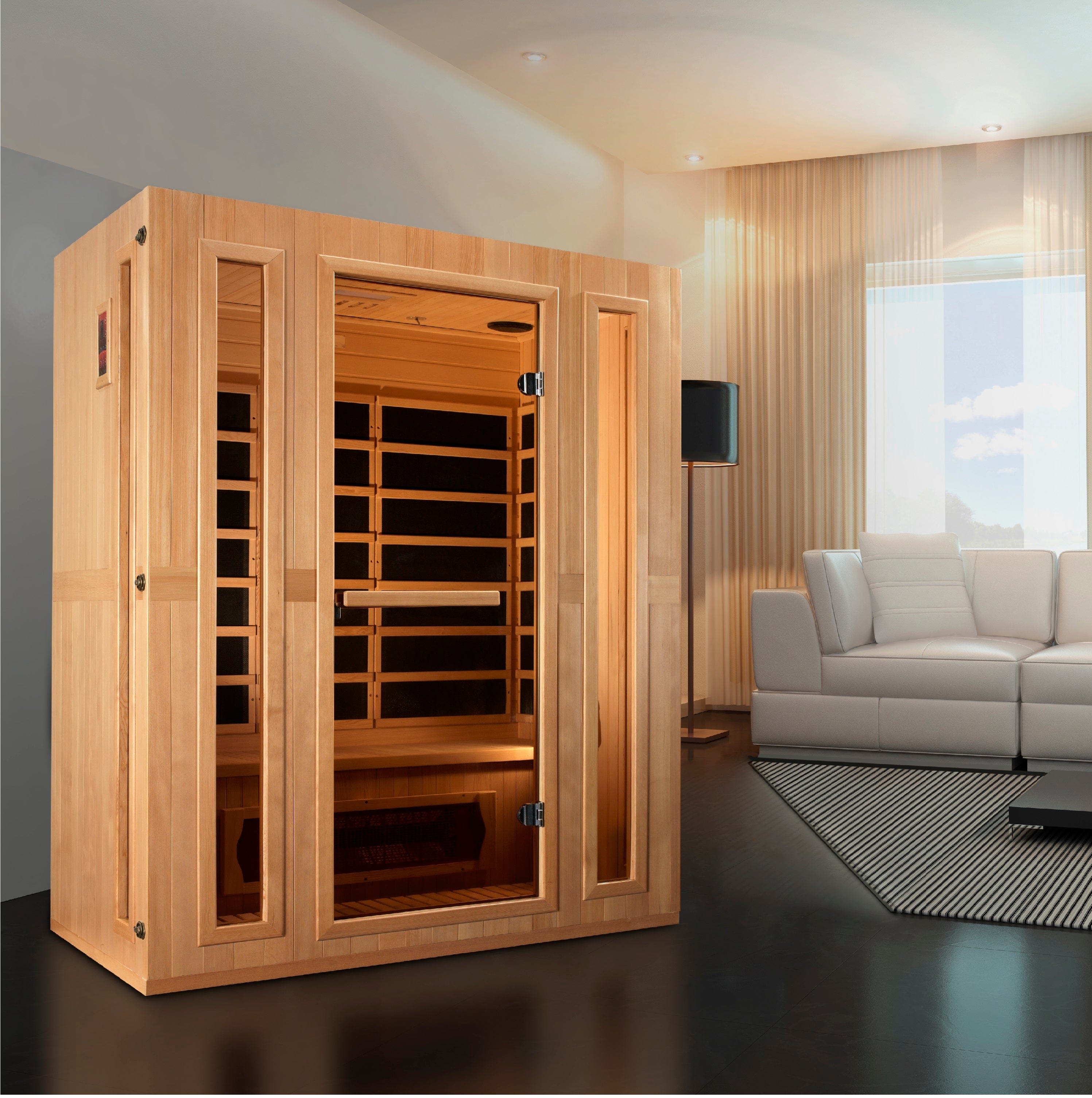 Maxxus Trinity 3-person infrared sauna with Dual Tech Low EMF heating system and natural Canadian Hemlock wood design for home spa therapy.