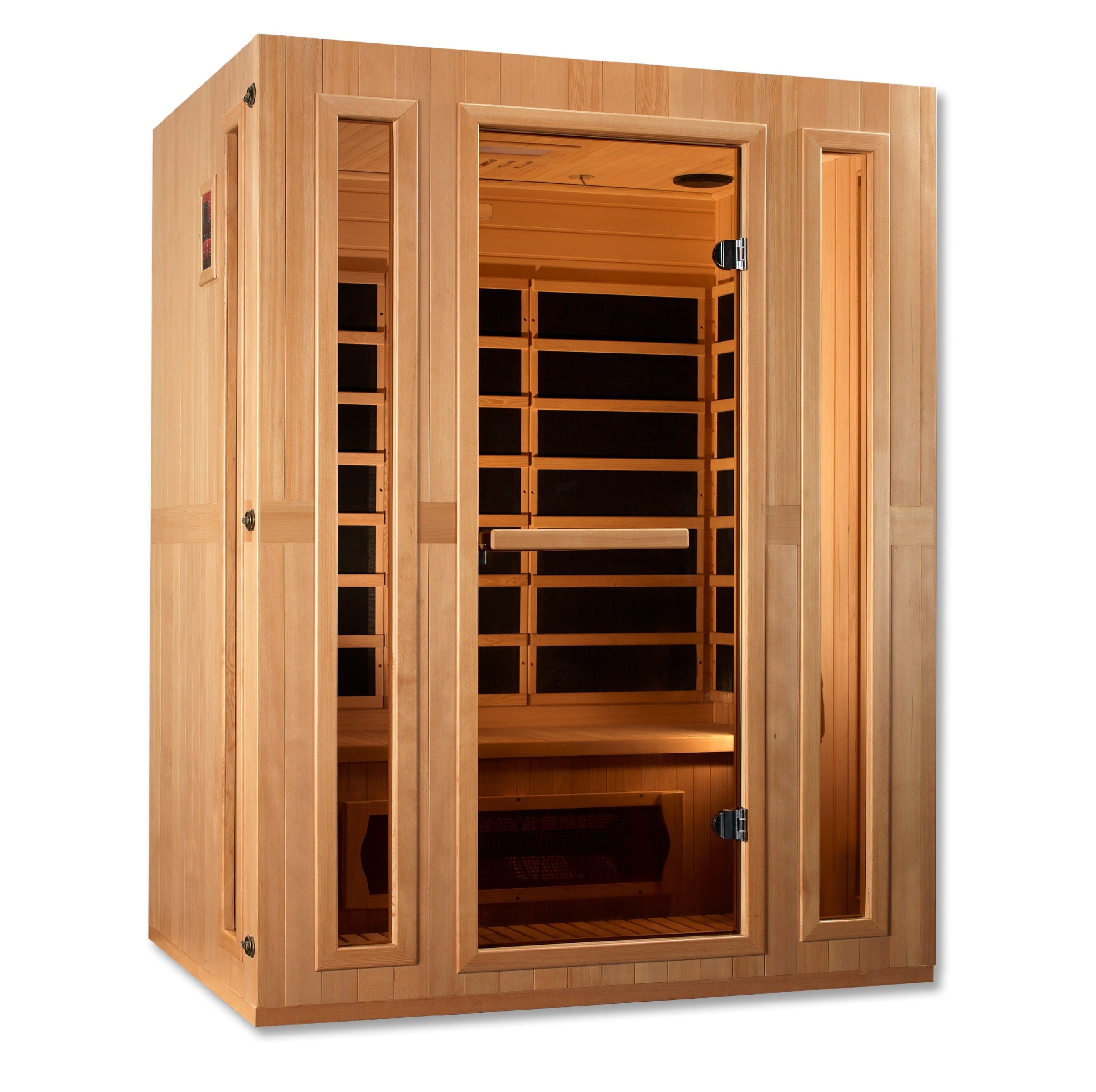 MX-LS3-01 Maxxus Trinity 3-Person Dual Tech Low EMF FAR Infrared Sauna made with Canadian Hemlock wood for home wellness, relaxation, and full-body heat therapy.