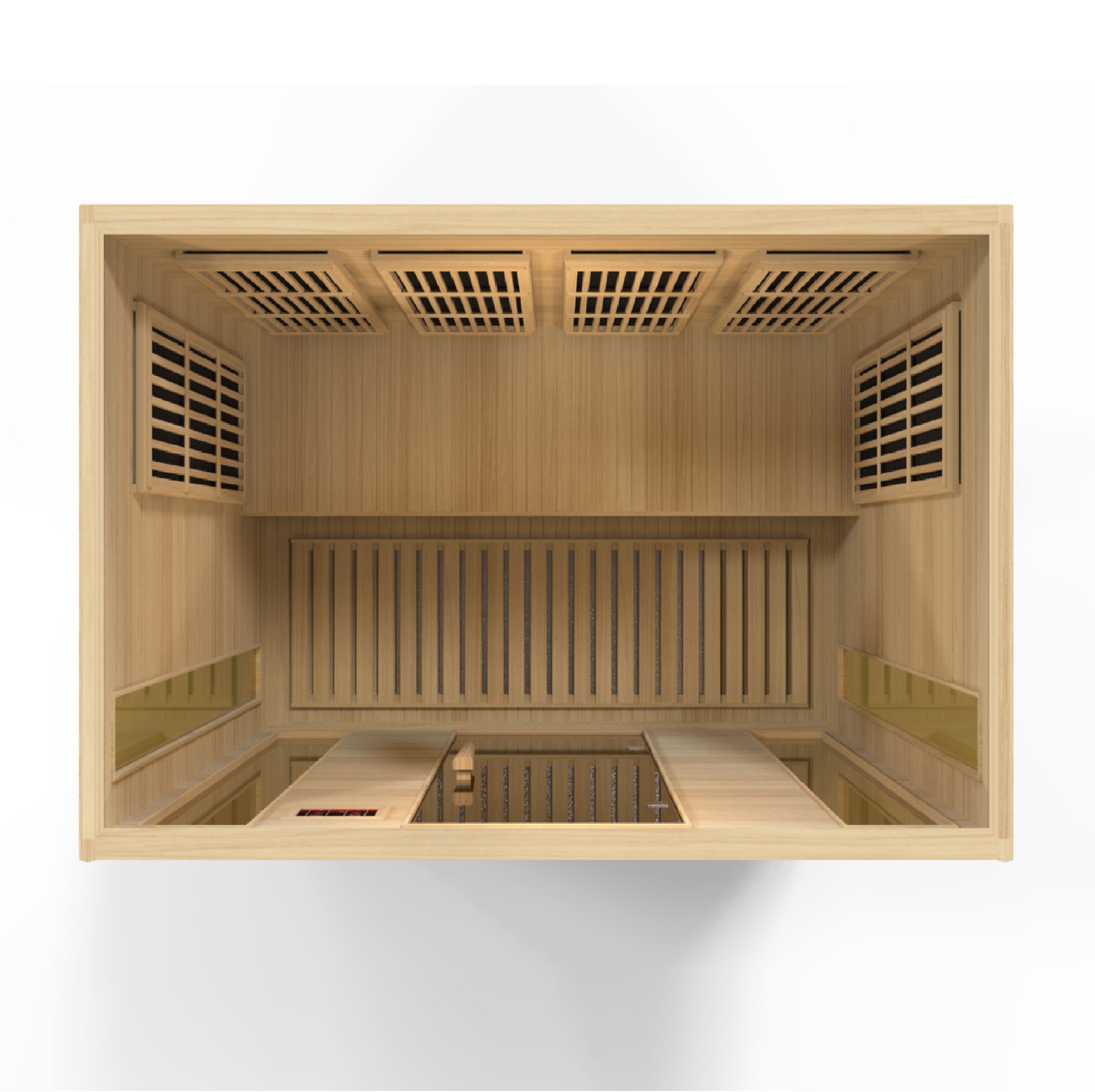 Home wellness Maxxus 4-person low EMF infrared sauna with natural hemlock wood interior, LED chromotherapy, and easy control panel system