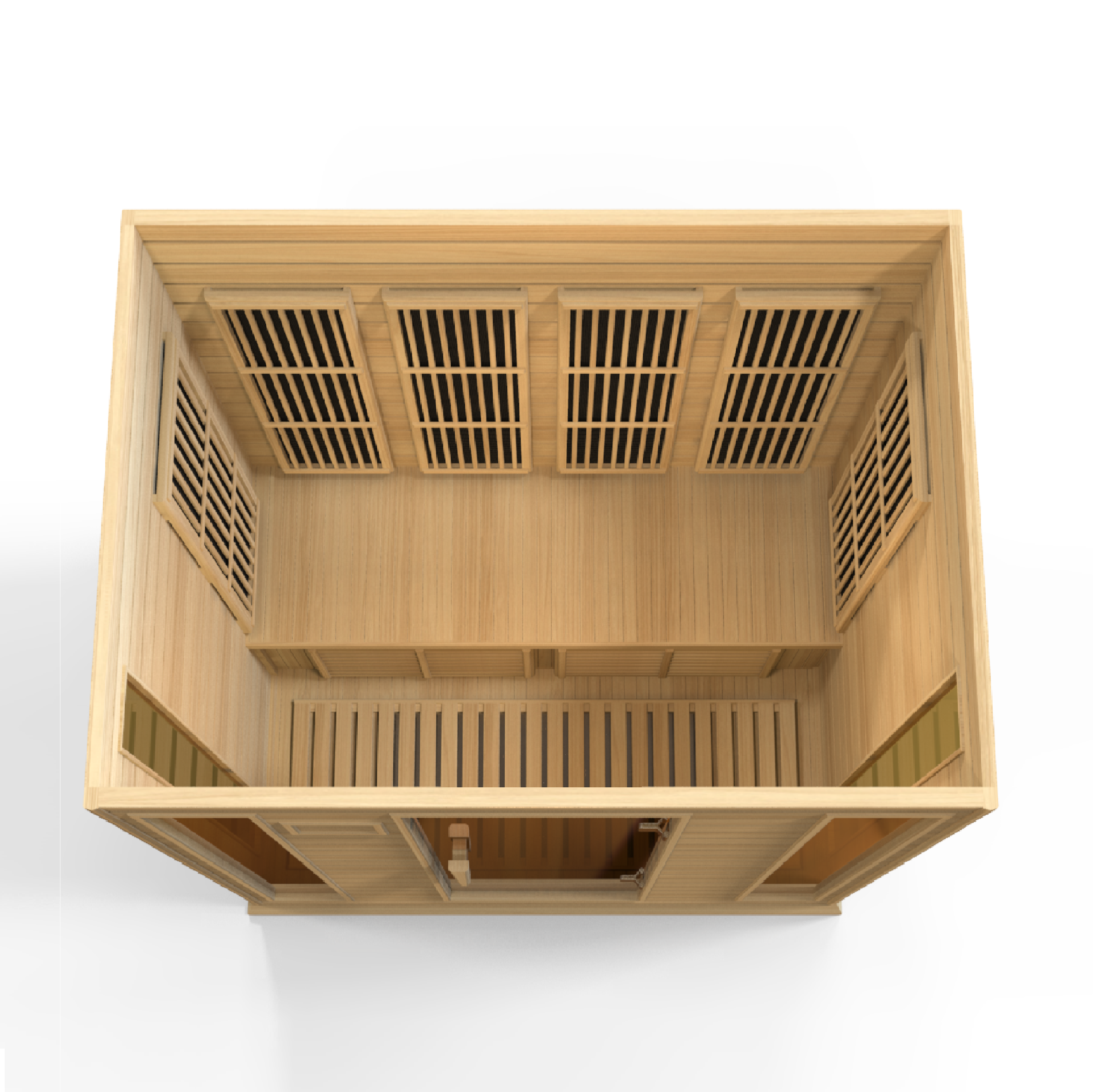 Maxxus 4-person FAR infrared sauna with low EMF heaters, Canadian hemlock wood build, glass front, and soothing chromotherapy lighting for recovery and relaxation