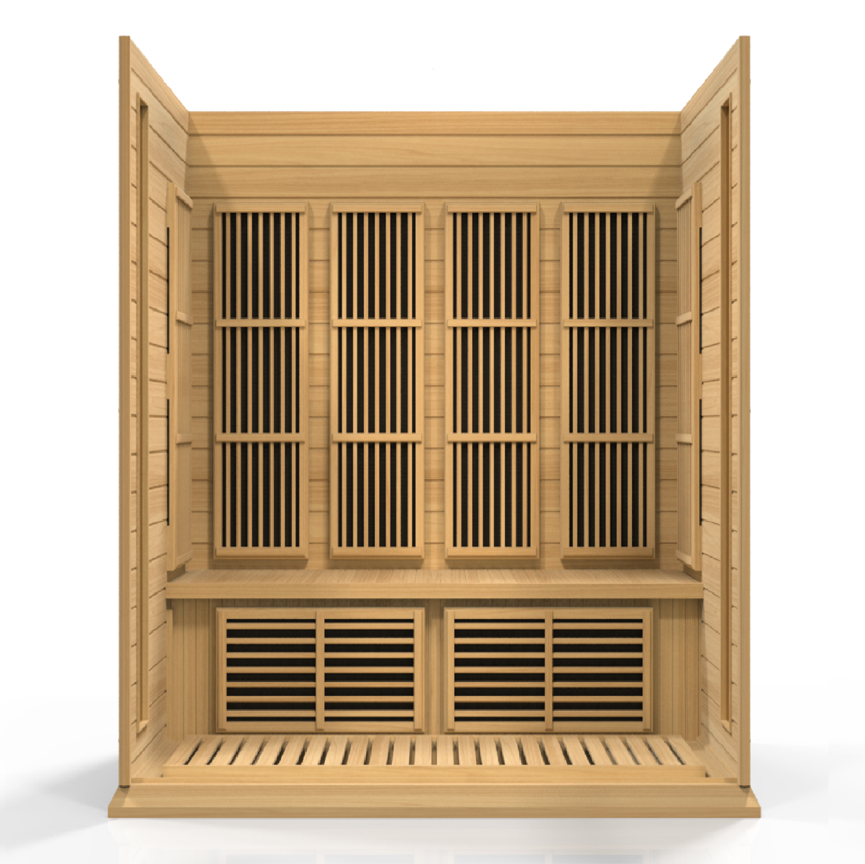 Maxxus MX-K406-01 4-person far infrared sauna cabin made with premium Canadian hemlock wood, glass panels, and therapeutic chromotherapy lighting