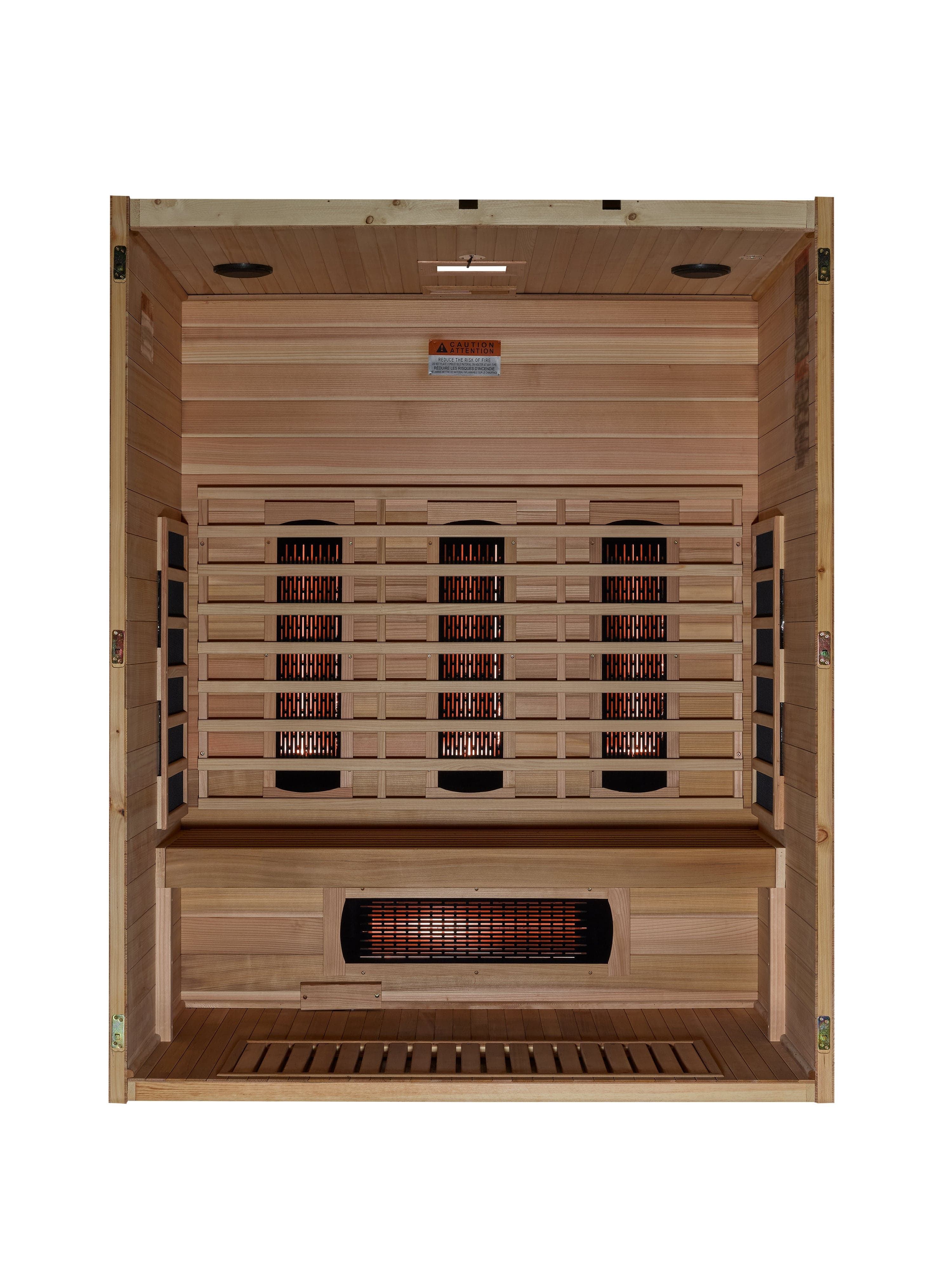 Premium 3-person indoor infrared sauna from Maxxus S-Line with full spectrum heating panels, Bluetooth audio, LED lighting, and high-quality Pacific cedar interior finish.