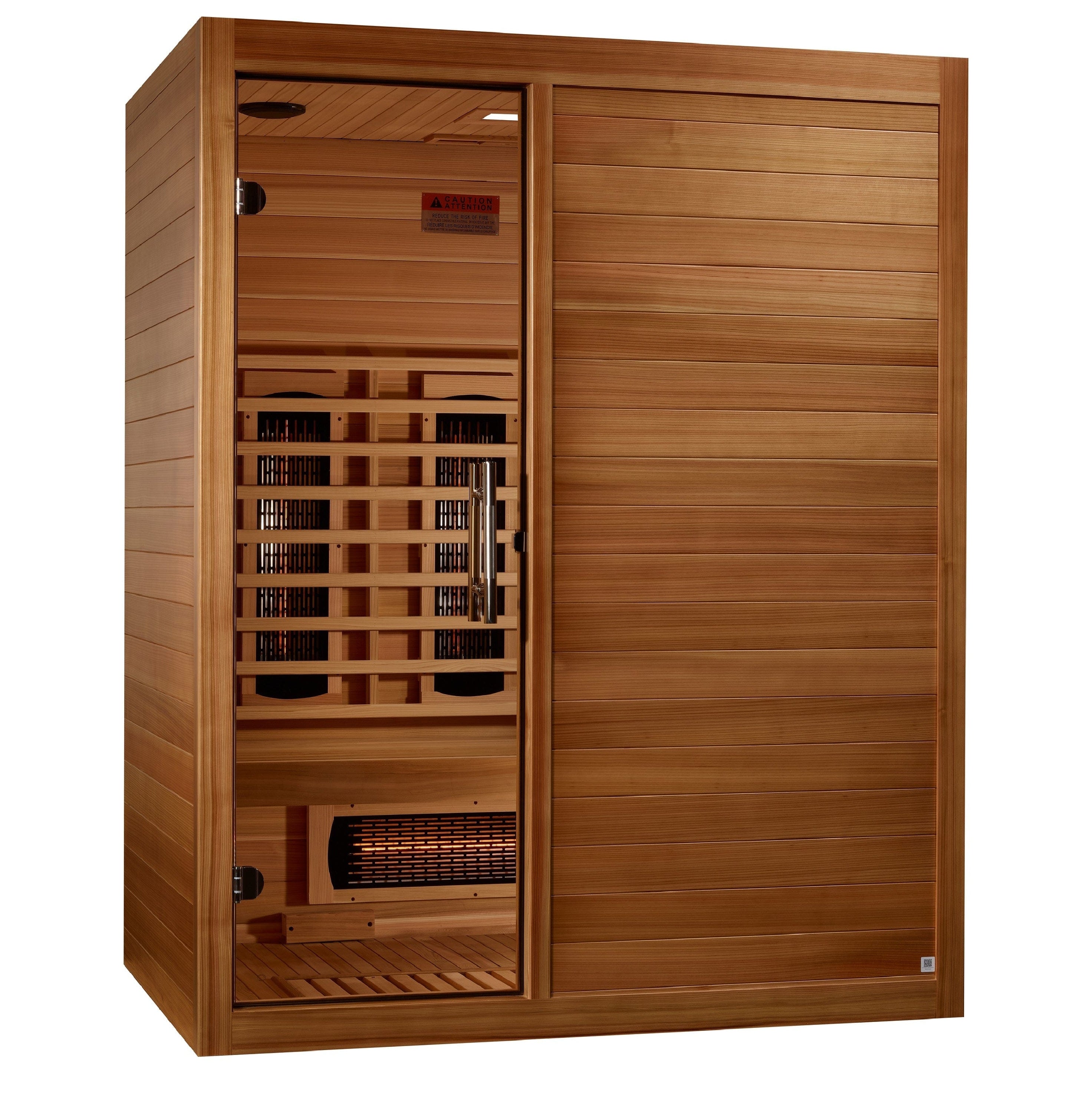 Golden Designs S-Line MX-S306-01-FS-PC Maxxus 3-person full spectrum infrared sauna made with premium Pacific cedar wood, featuring low EMF heating panels, chromotherapy lighting, and built-in Bluetooth audio system for home wellness and relaxation.