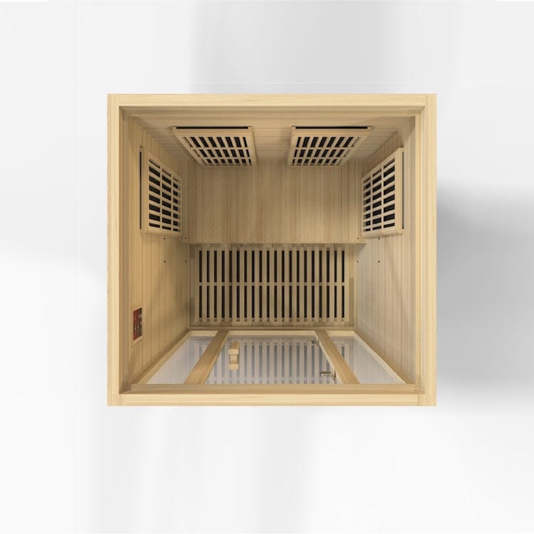 Luxury 2-person Maxxus Seattle infrared sauna featuring Canadian Hemlock craftsmanship and Near Zero EMF technology.