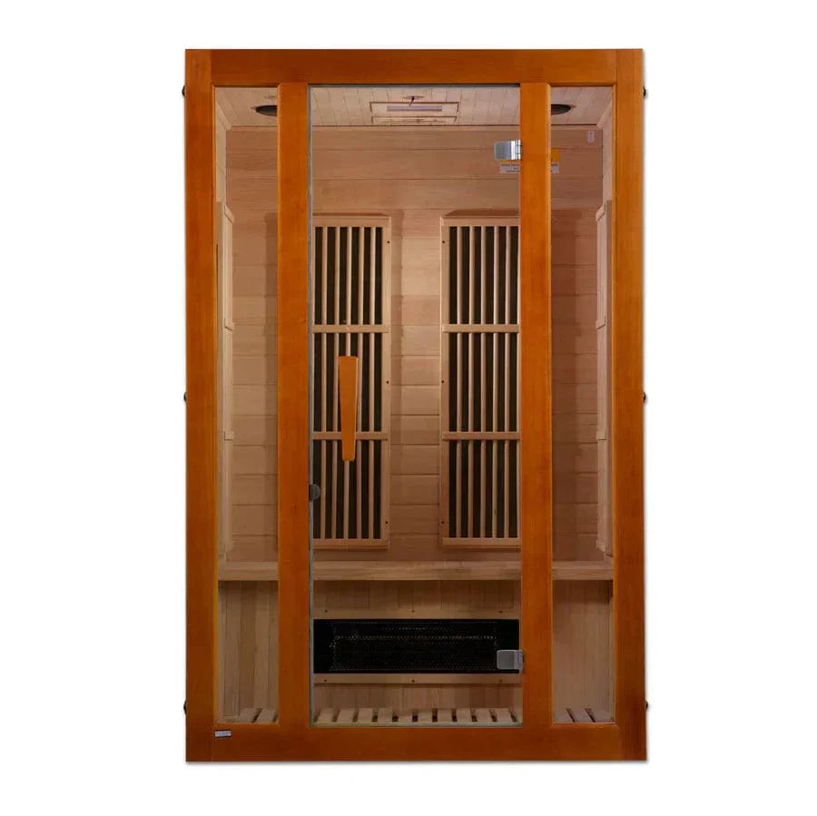 Maxxus Aspen 2-person Dual Tech low EMF infrared sauna made from Canadian Hemlock wood with tempered glass door and relaxing chromotherapy lighting for home wellness