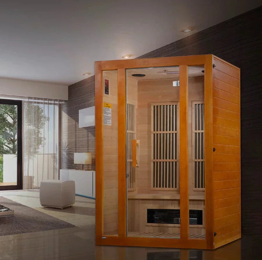 Maxxus MX-J206-02S Aspen 2-person low EMF infrared sauna featuring Dual Tech heaters, full glass front, and soothing chromotherapy light therapy
