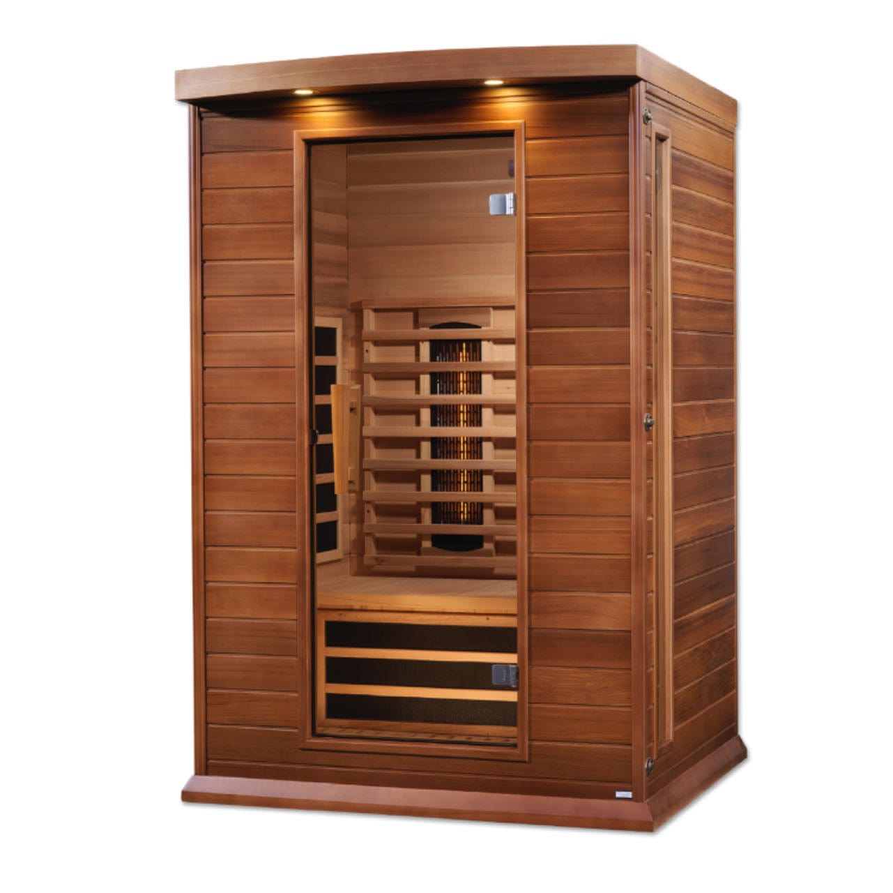 MX-M206-01-FS CED Maxxus 2 Person Full Spectrum Infrared Sauna in Canadian Red Cedar with near zero EMF heating, Bluetooth audio system, chromotherapy lighting, and built-in floor heater for home wellness and relaxation.