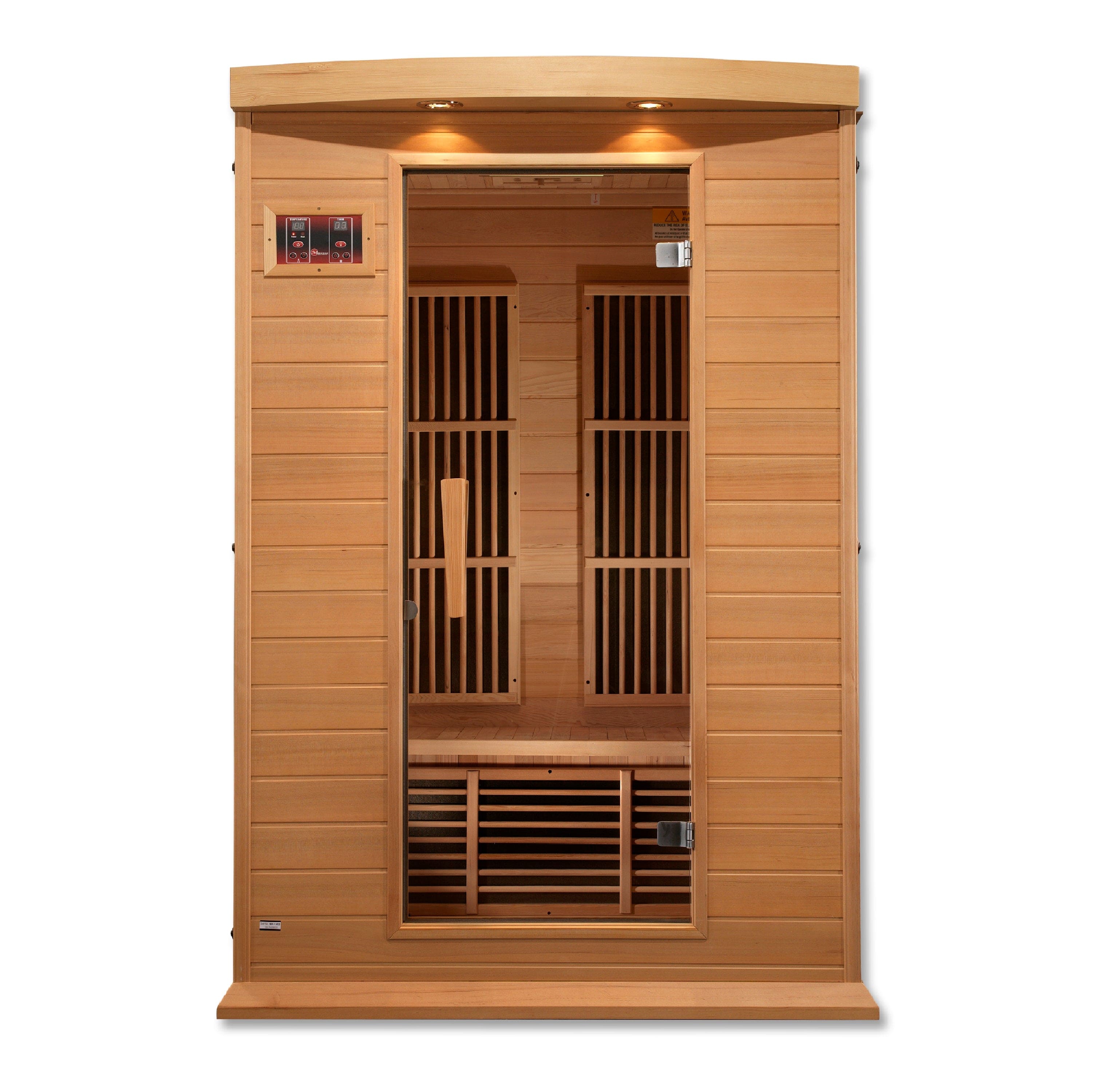 Maxxus 2-Person FAR Infrared Sauna MX-K206-01 with low EMF heating panels and Canadian Hemlock wood interior, ideal for home spa relaxation and recovery.